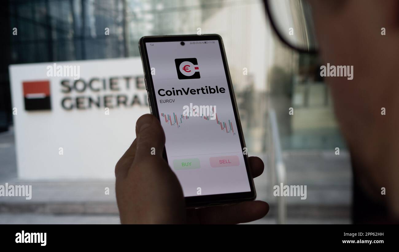 April 2023. An investor analyzing the stable coin EURCV Euro CoinVertible of Societe Generale–FORGE on a screen ; on the background the logo of Sociét Stock Photo