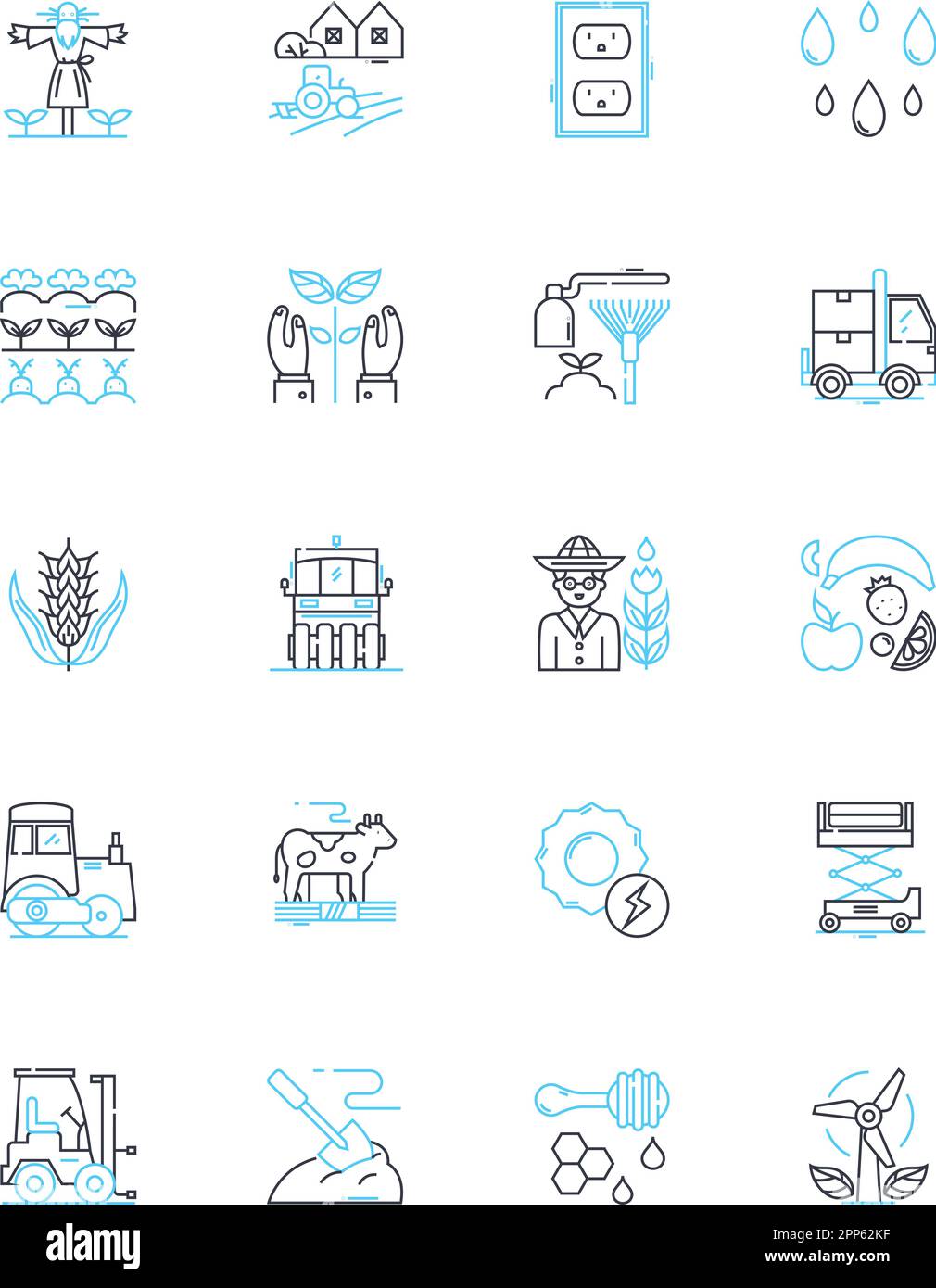 Agricultural showcase linear icons set. Farming, Crops, Livestock, Agriculture, Harvest, Tractors, Irrigation line vector and concept signs. Seeds Stock Vector