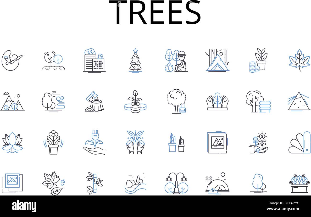 Trees line icons collection. Forest, Woodland, Grove, Orchard, Plantation, Copse, Stand vector and linear illustration. Timberland,Thicket,Arboretum Stock Vector