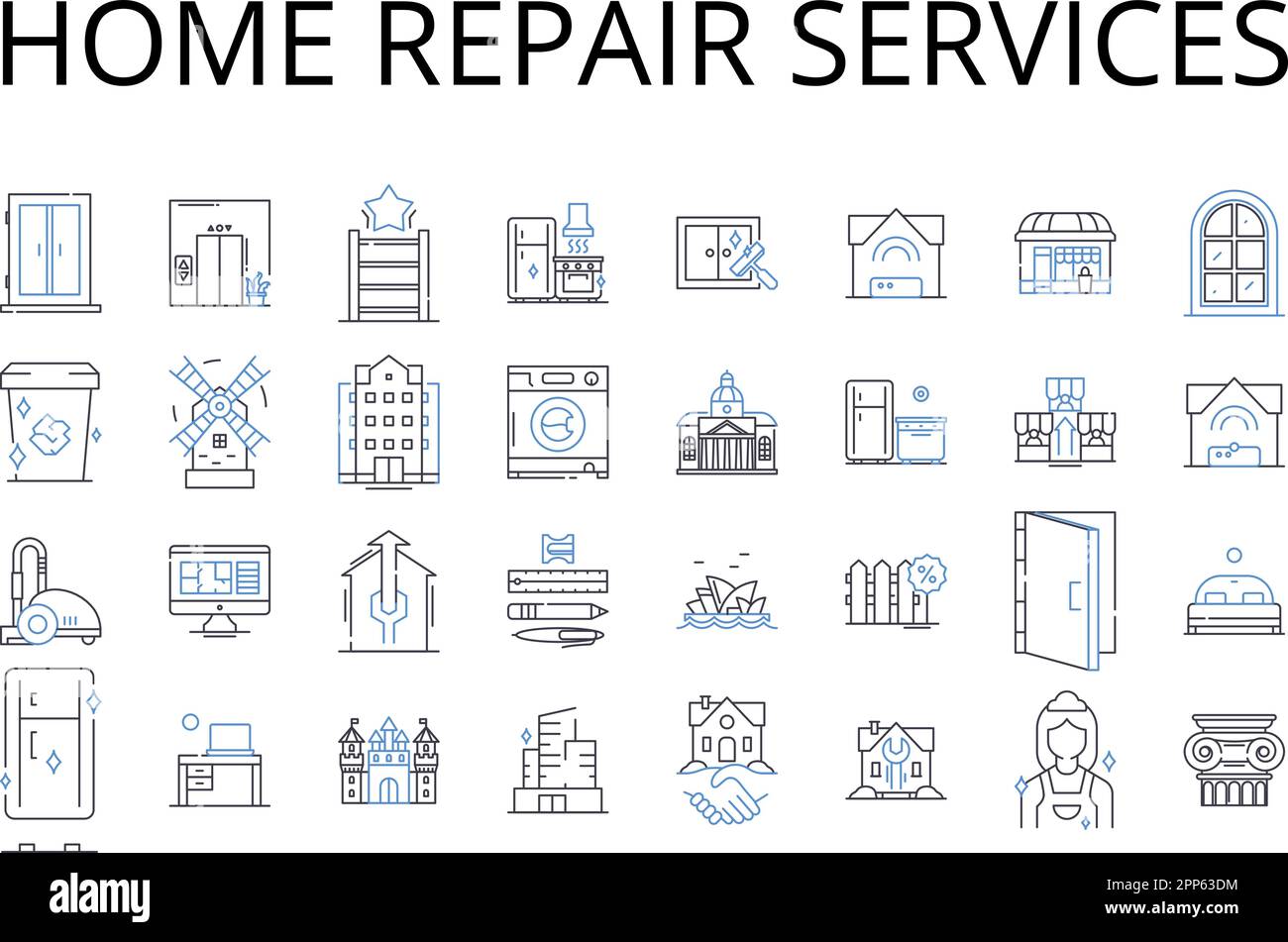 Home repair services line icons collection. Handyman services, Household maintenance, Property repair, Fixing up, Property restoration, Renovation Stock Vector