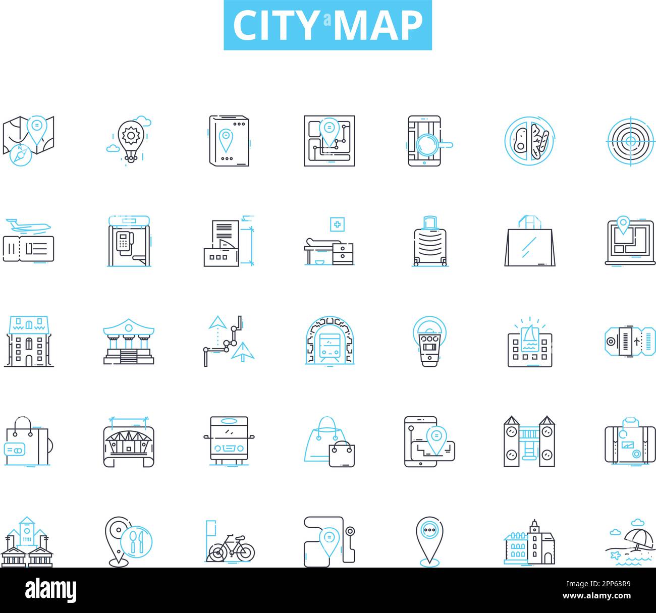 City map linear icons set. Navigation, Tourist, Streets, Districts, Landmarks, Transit, Tour line vector and concept signs. Guide,Directions Stock Vector