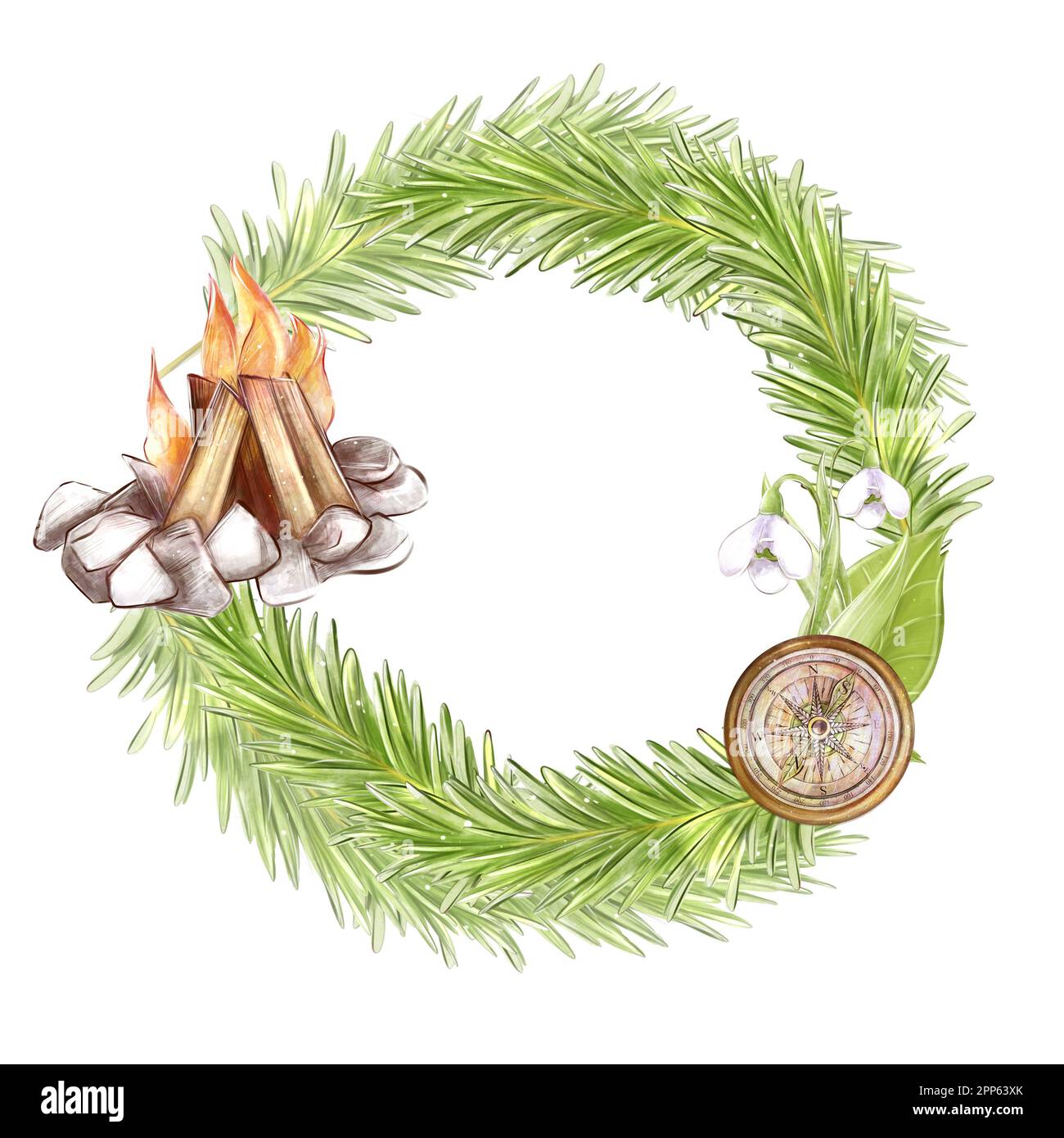 Round forest watercolor frame, wreath on the theme of tourism, camping with fir branches, bonfire and compass. Hand drawing. For the design of flyers, Stock Photo