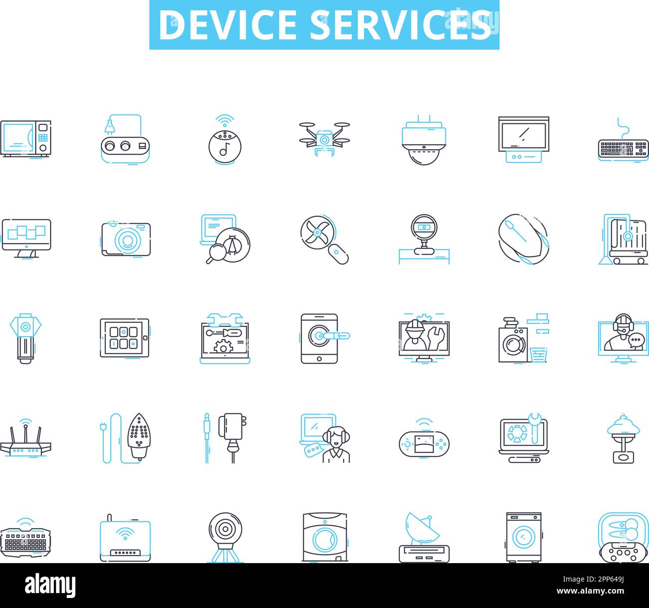 Device services linear icons set. Repairs, Maintenance, Upgrades, Optimization, Diagnostics, Troubleshooting, Configuration line vector and concept Stock Vector