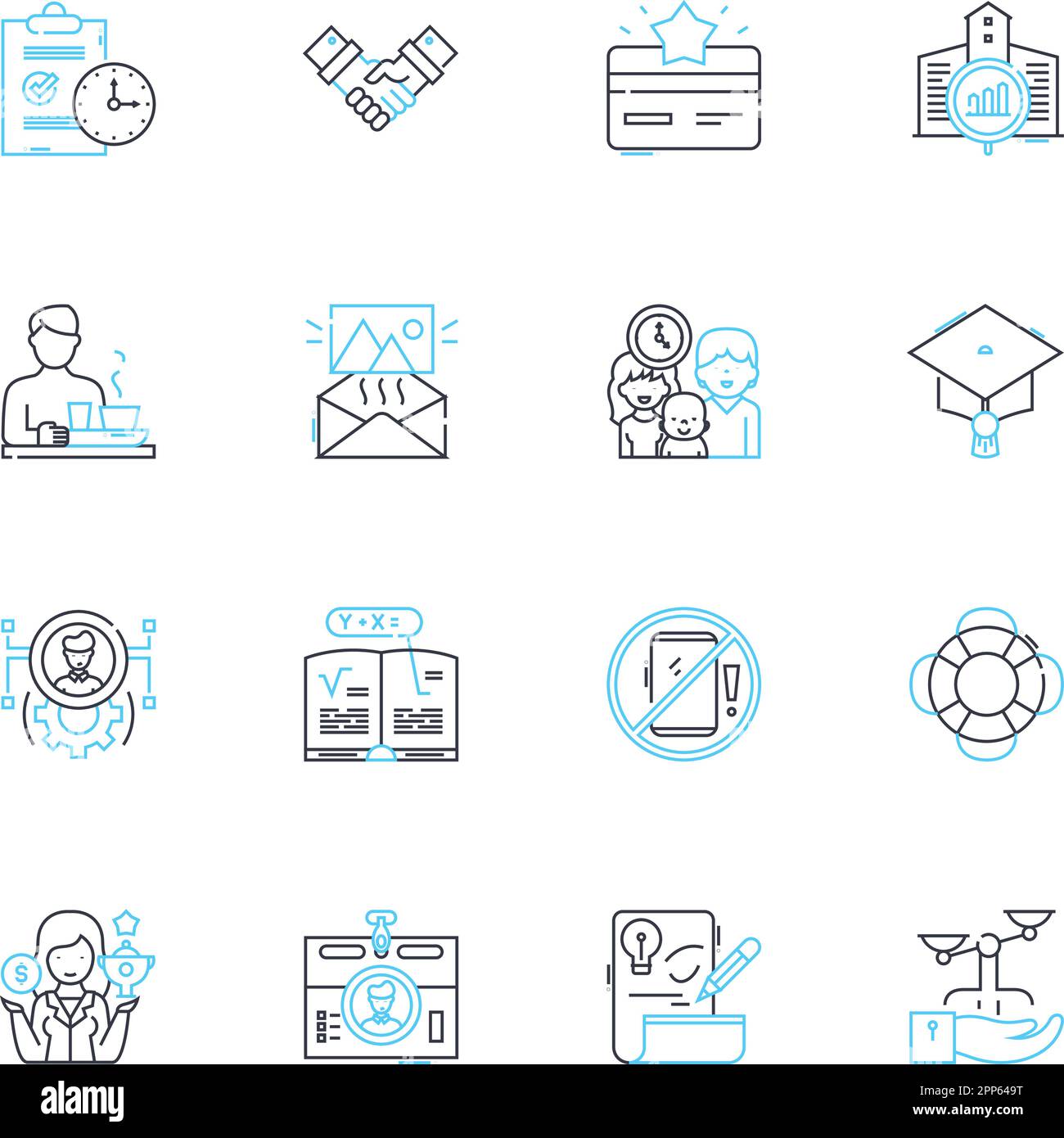 Advising linear icons set. Guiding, Coaching, Counseling, Suggesting, Recommending, Directing, Supporting line vector and concept signs. Assisting Stock Vector