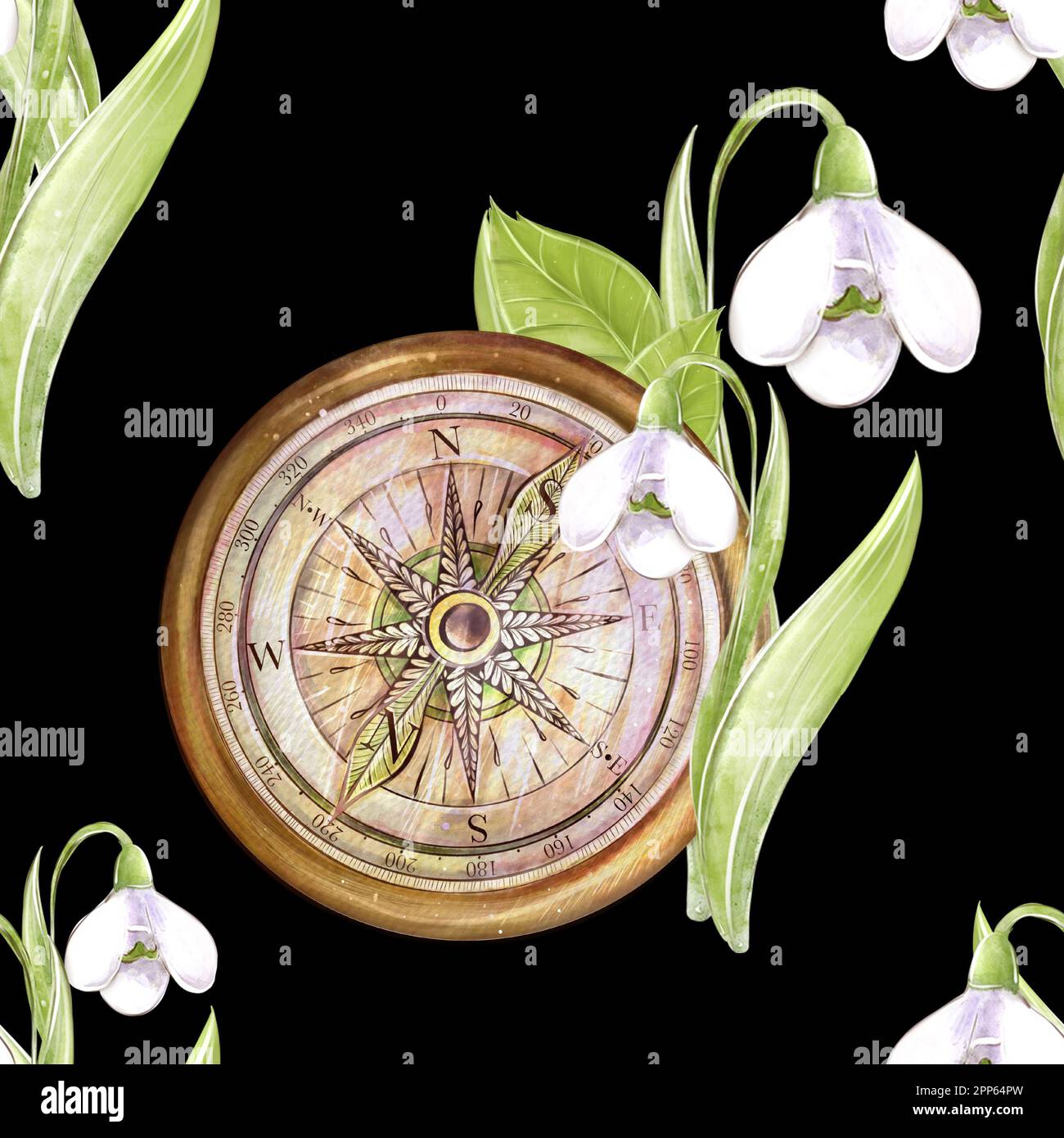 Pattern, seamless pattern with snowdrop and compass, travel, spring on black background. For the design of textiles, background, scrapbook, cover, pap Stock Photo
