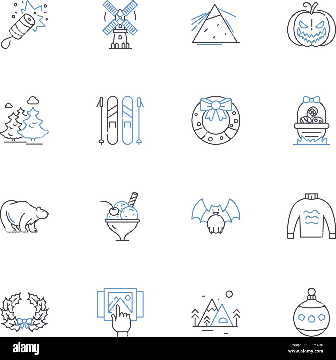 Frozen line icons collection. Elsa, Anna, Olaf, Kristoff, Sven, Arendelle, Ice vector and linear illustration. Snow,Magic,Sisters outline signs set Stock Vector