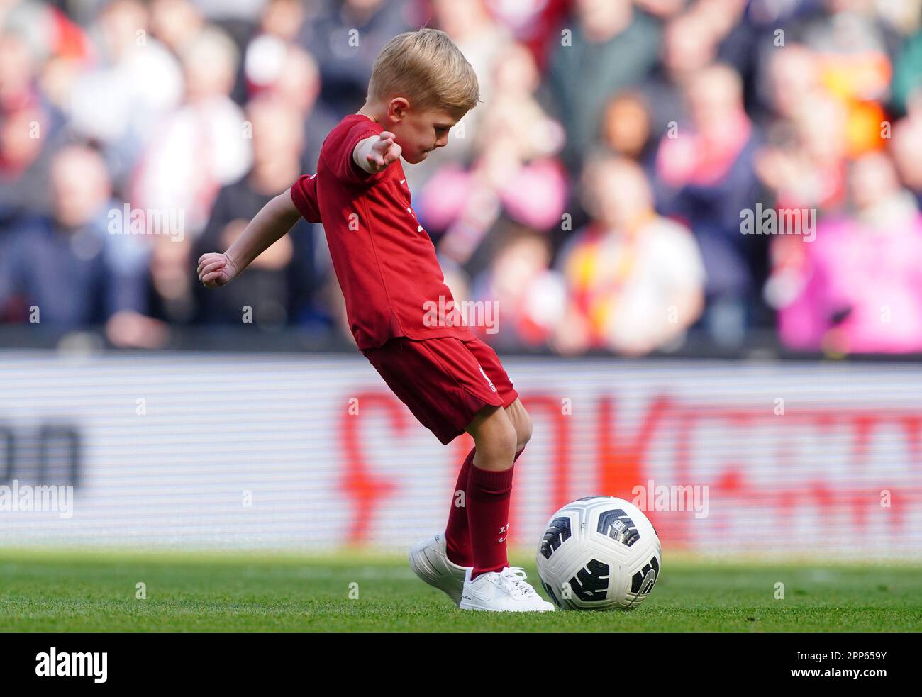 Steven Gerrard's son, Lio, scoring a penalty at half time, during the Premier League match at Anfield, Liverpool. Picture date: Saturday April 22, 2023. Stock Photo