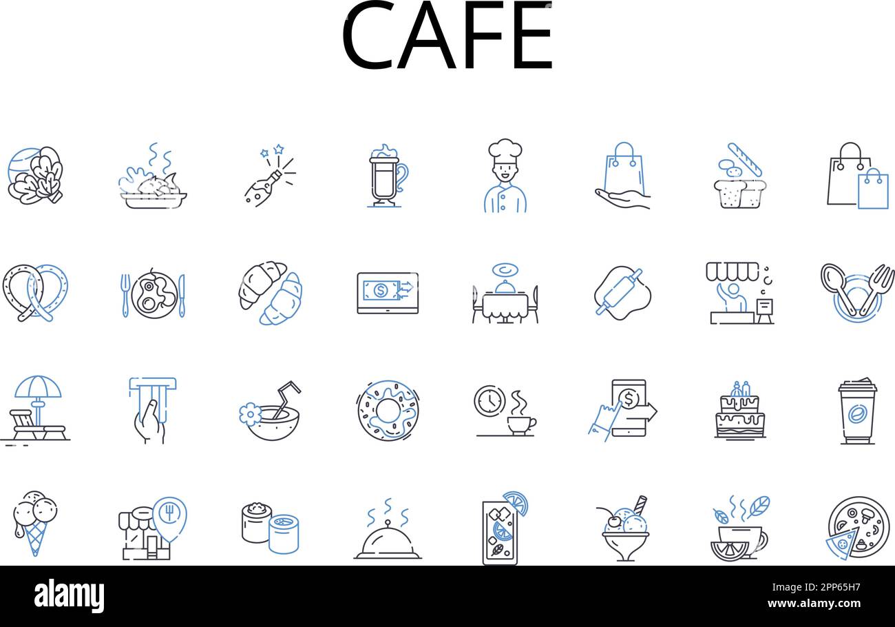 Cafe line icons collection. Bistro, Restaurant, Diner, Eatery, Brasserie, Deli, Snack bar vector and linear illustration. Tea room,Coffeehouse,Canteen Stock Vector