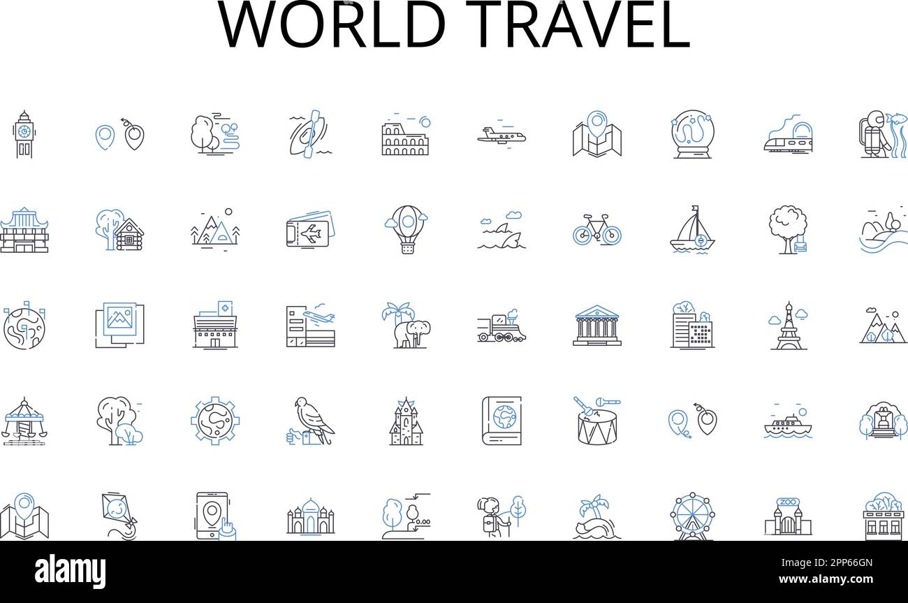 World travel line icons collection. Amplification, Density, Quantitative, Comprehensive, Extensive, Thorough, Intensity vector and linear illustration Stock Vector