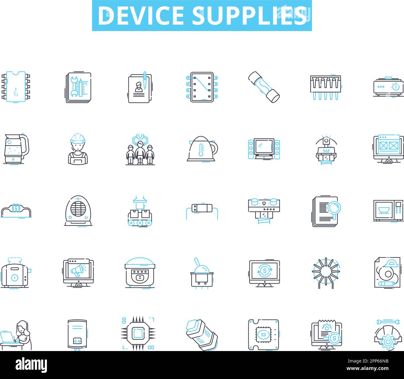 Device supplies linear icons set. Adapters, Batteries, Cables, Chargers ...