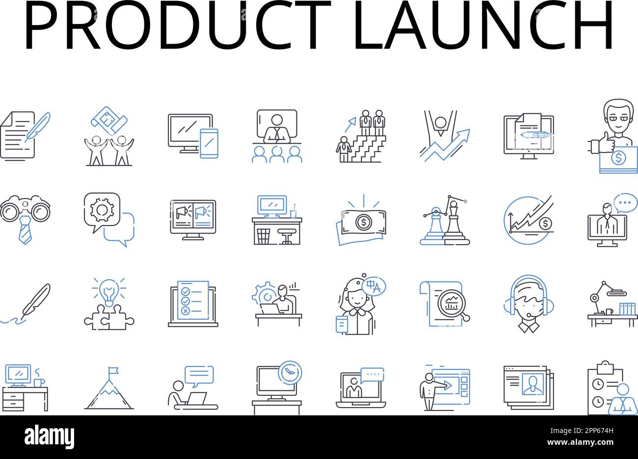 Product launch line icons collection. Campaign kickoff, Event launch, Book release, Movie premiere, Fashion debut, Album drop, Exhibit unveiling Stock Vector