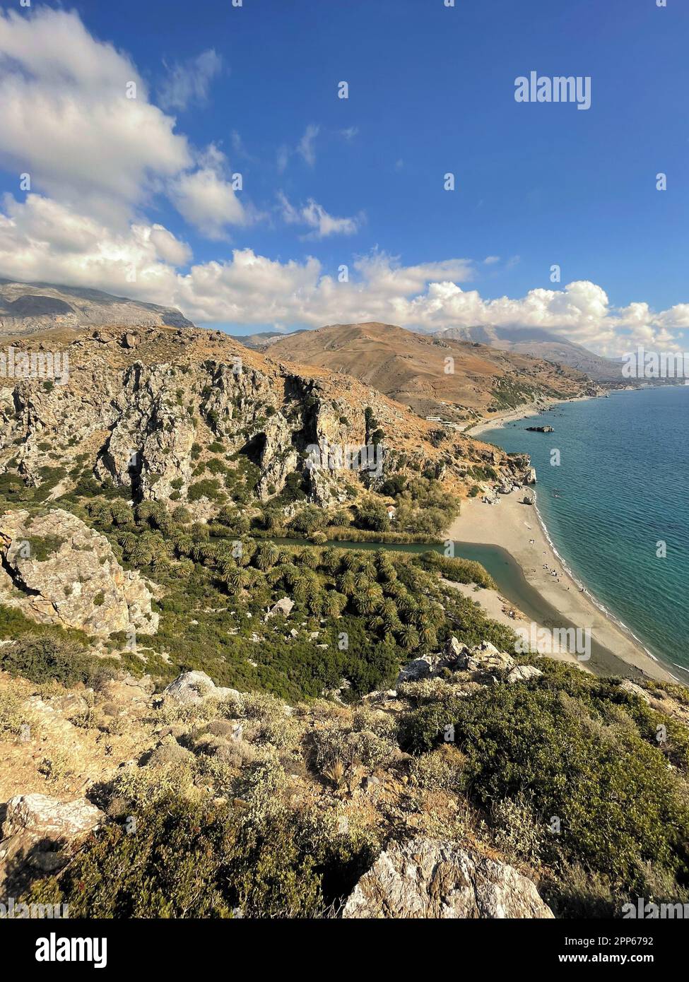 Crete Forests Preveli beach at Libyan sea, river and palm forest, southern Crete ...