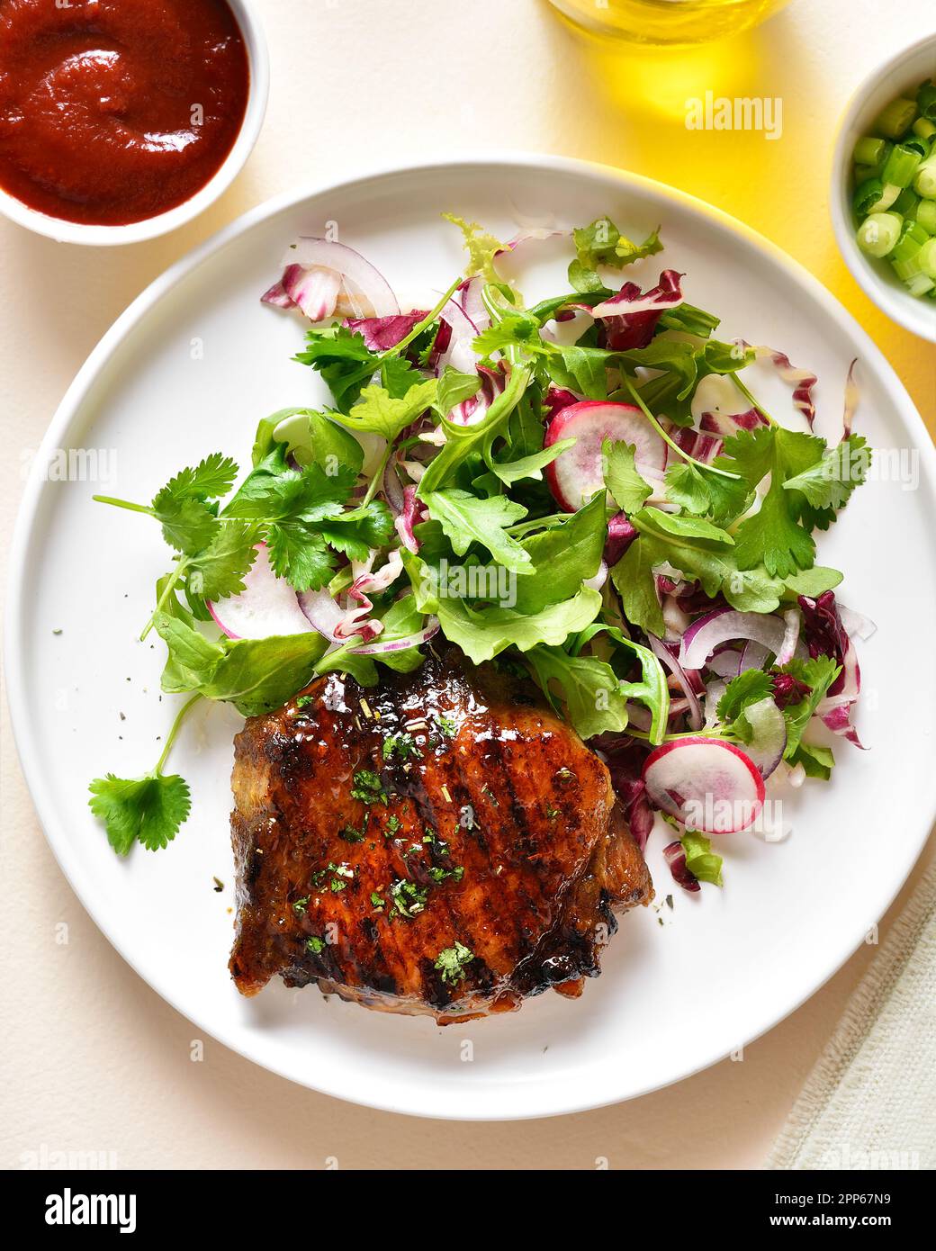 grilled-pork-steak-with-salad-from-fresh-vegetables-over-light-stone