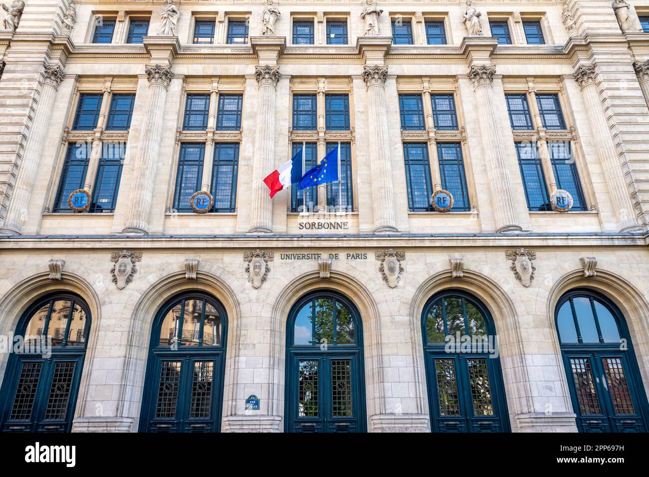 Exterior view of the facade and main entrance of the Sorbonne, famous French university located