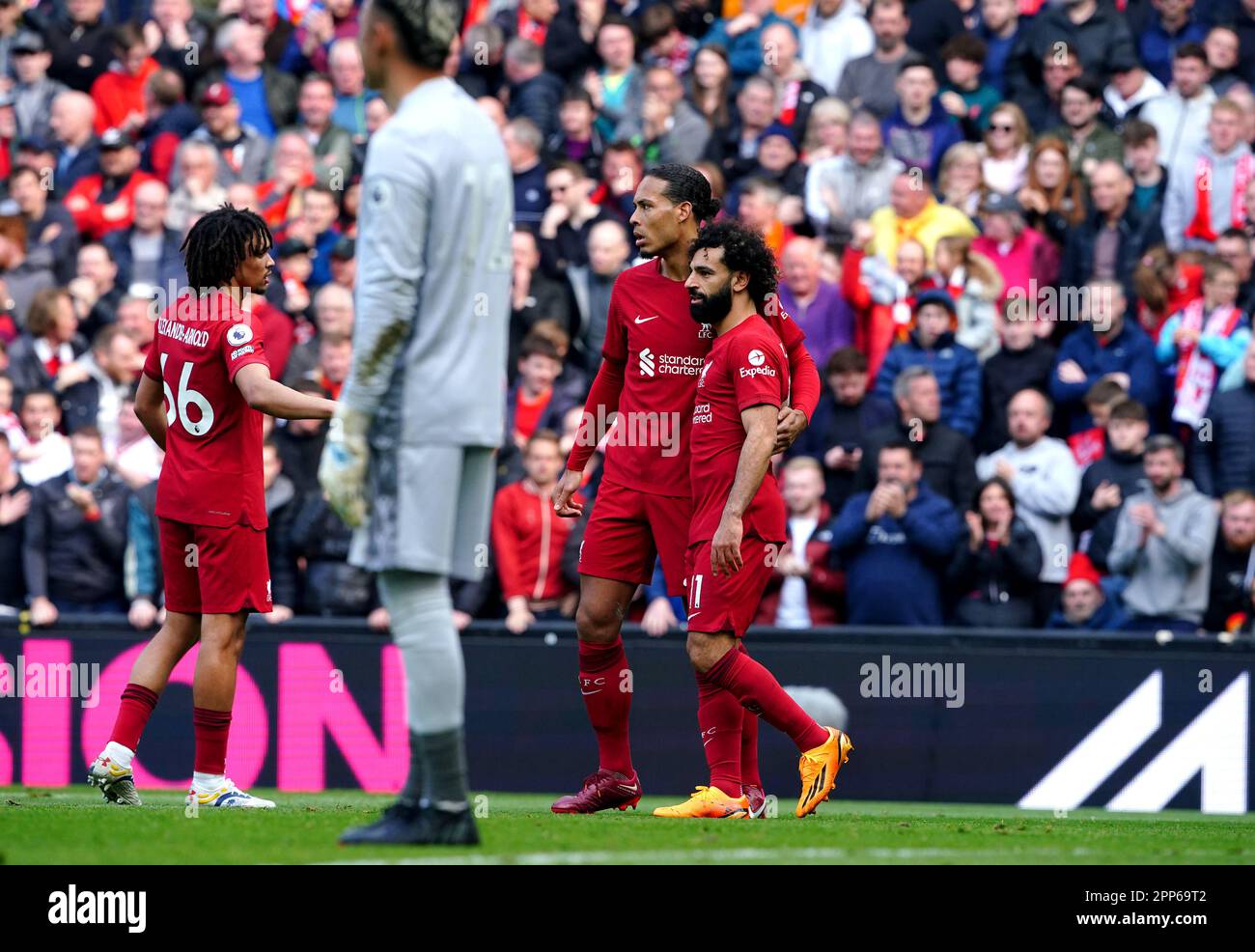 Liverpool's Mohamed Salah celebrates scoring his sides third goal with ...