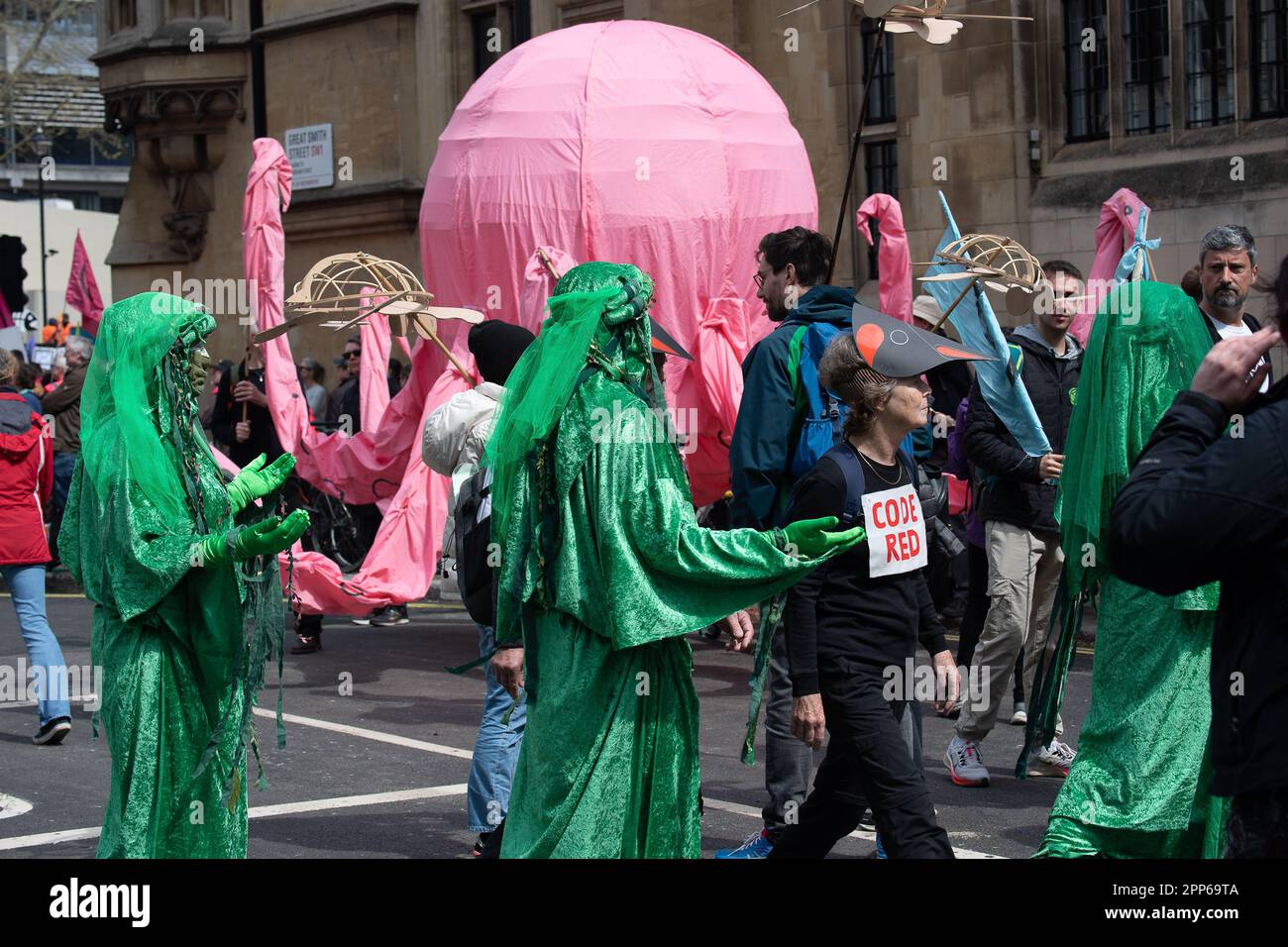 Westminster, London, UK. 22nd April, 2023. Thousands of Extinction Rebellion Rebels were in Westminster, London today on the second day of the  Big One, Unite to Survive action. There was a huge Biodiversity march through the streets of Westminster. XR are calling on the Government to take action on climate crisis and for there to be no new fossil fuels. Credit: Maureen McLean/Alamy Live News Stock Photo