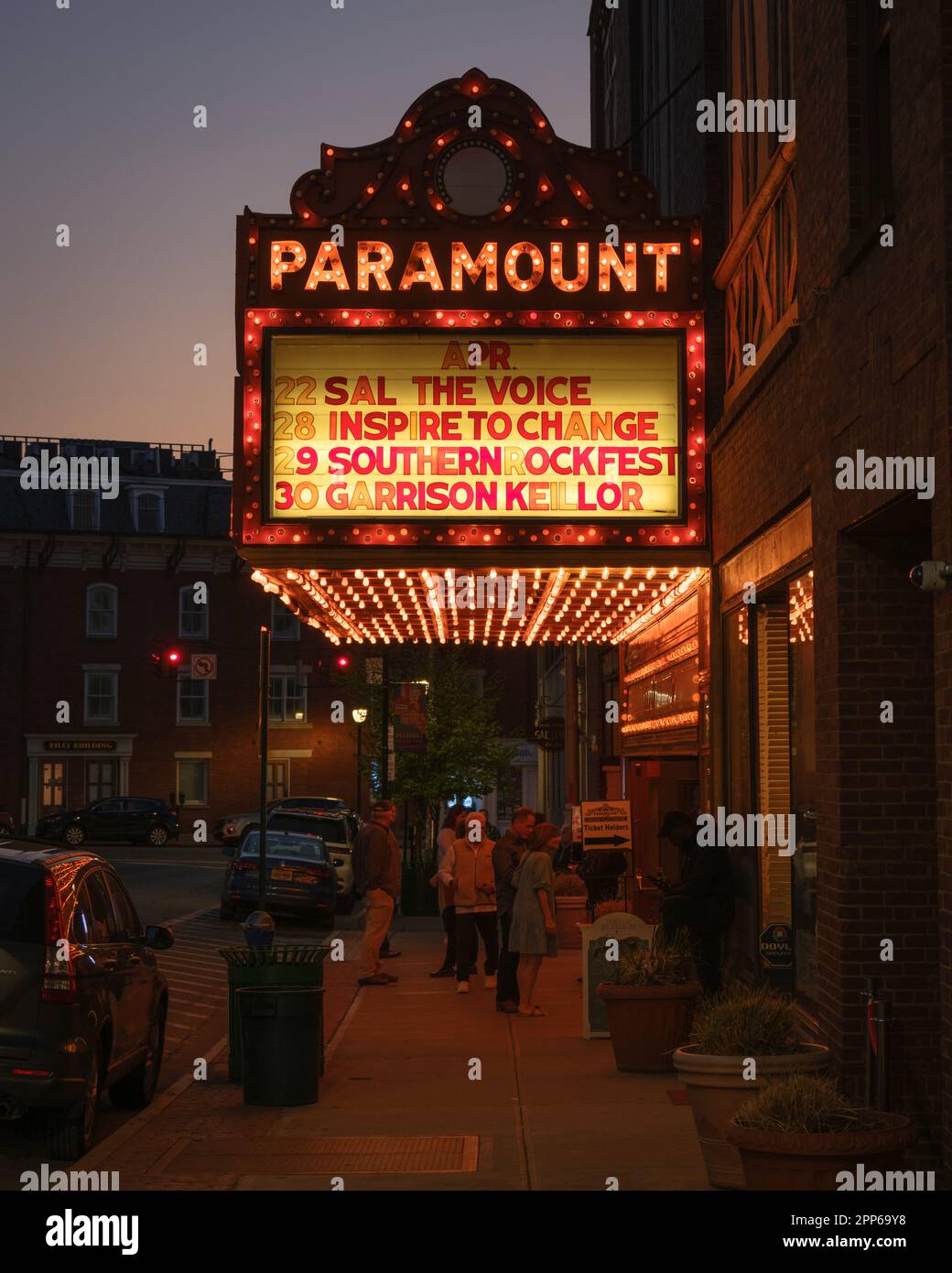Paramount Hudson Valley Theater vintage sign at night, Peekskill, New