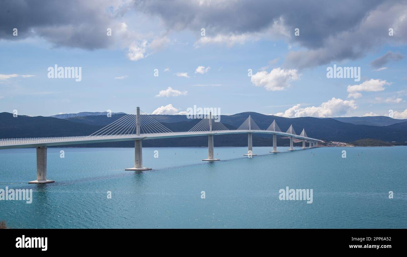 The Pelješac Bridge, Croatia, looking south.  This bridge bypasses Bosnia and Herzegovina's short coastal strip at Neum. Stock Photo
