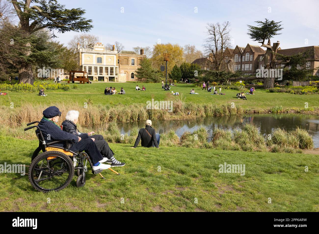Elderly couple, one disabled in a wheelchair, sitting in a park in spring; Walpole Park, Ealing, London UK; -  Disabled access to public space. Stock Photo