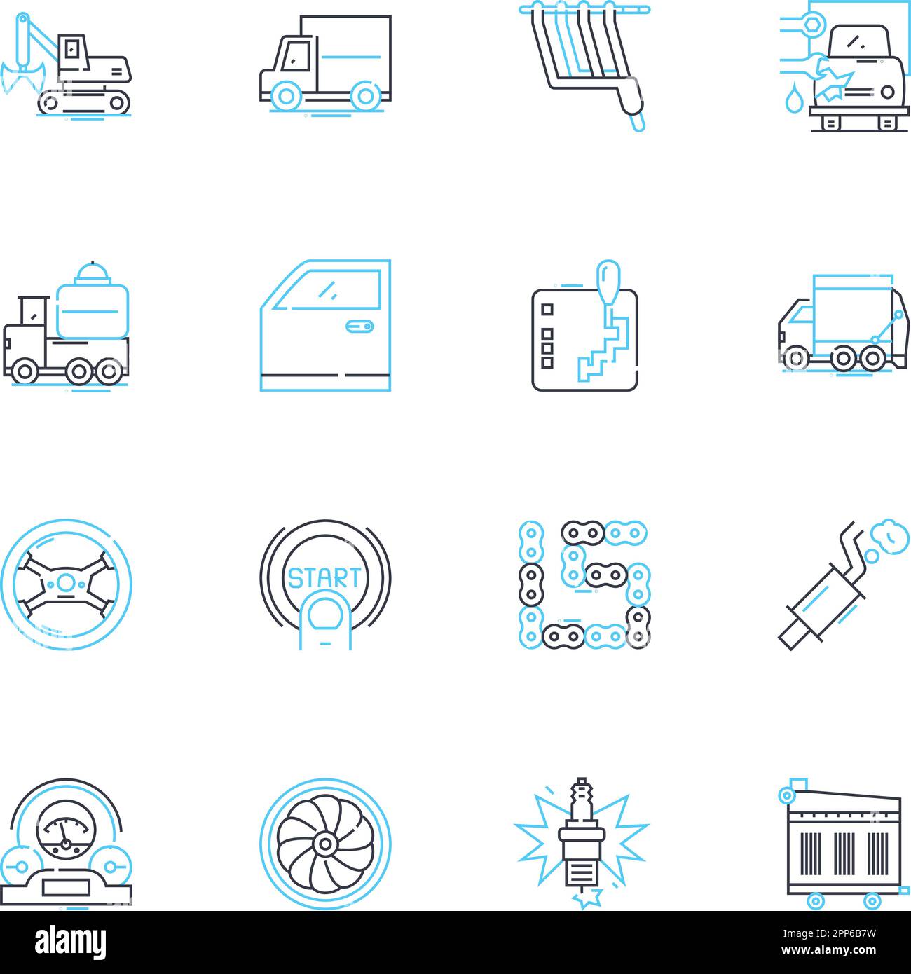 Car compnts linear icons set. Engine, Transmission, Suspension, Brakes, Steering, Wheels, Axles line vector and concept signs. Gearbox,Carburetor Stock Vector