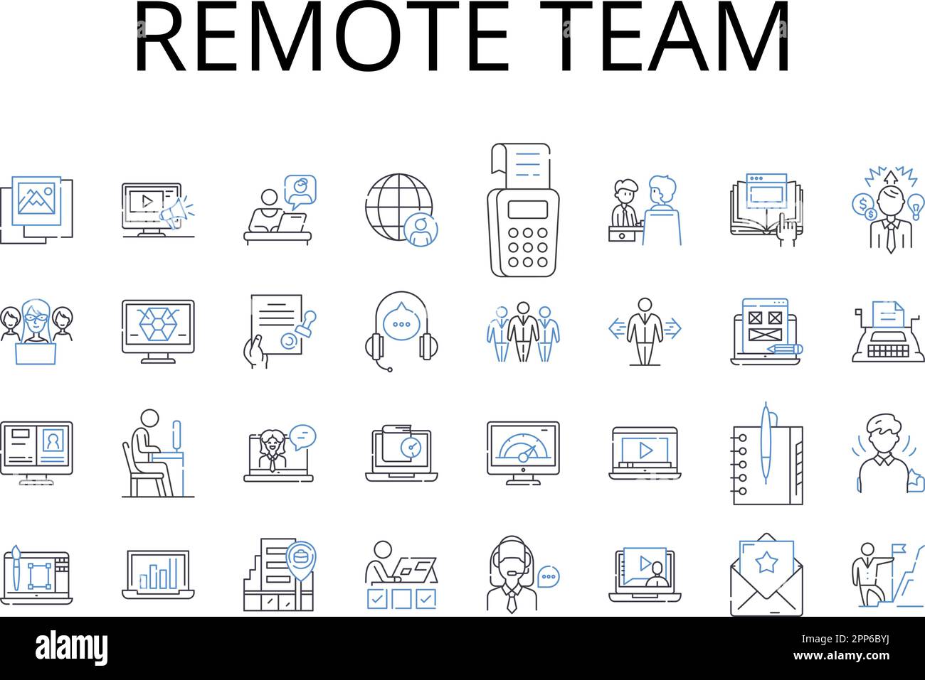 Remote team line icons collection. Virtual staff, Distant group, Off-site team, Far-flung crew, Online personnel, Geographically dispersed unit Stock Vector