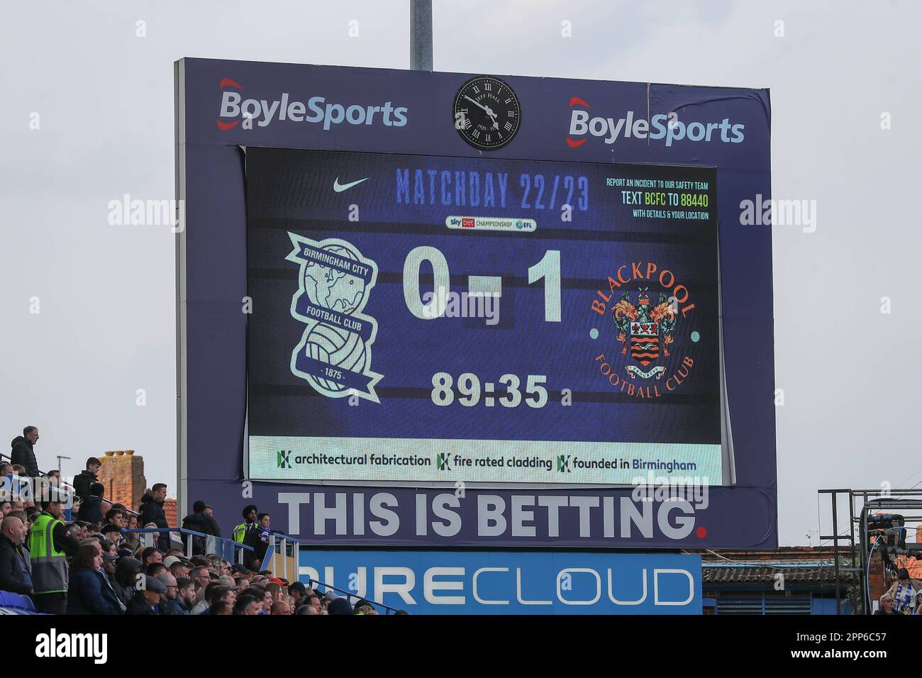 The big screen displays the 01 scoreline during the Sky Bet
