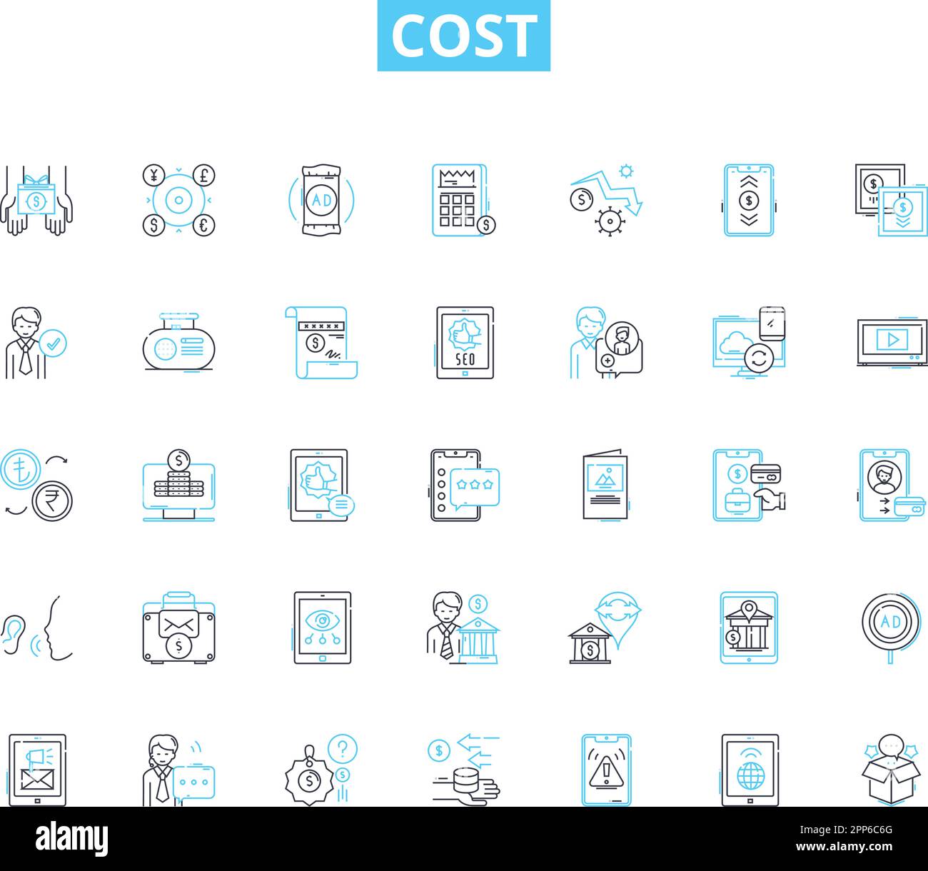 Cost linear icons set. Expense, Budget, Price, Value, Investment, Worth, Account line vector and concept signs. Outlay,Spending,Costliness outline Stock Vector