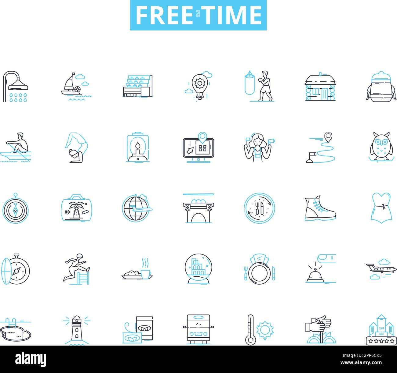 Free time linear icons set. Leisure, Relaxation, Hobbies, Pastimes, Recreation, Amusement, Entertainment line vector and concept signs. Pursuits Stock Vector