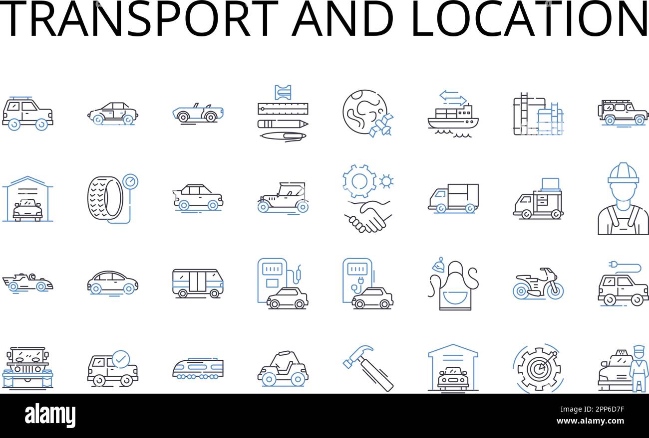 Transport and location line icons collection. ransport, Commute, Transfer, Conveyance, Shipping, Transportation, Importation vector and linear Stock Vector