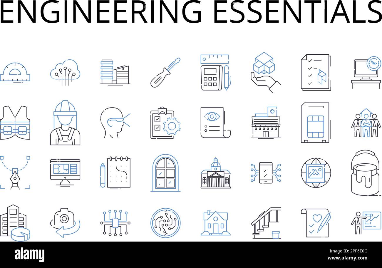 Engineering essentials line icons collection. Business Basics, Computer Concepts, Marketing Essentials, Technical Terms, Communication Concepts Stock Vector