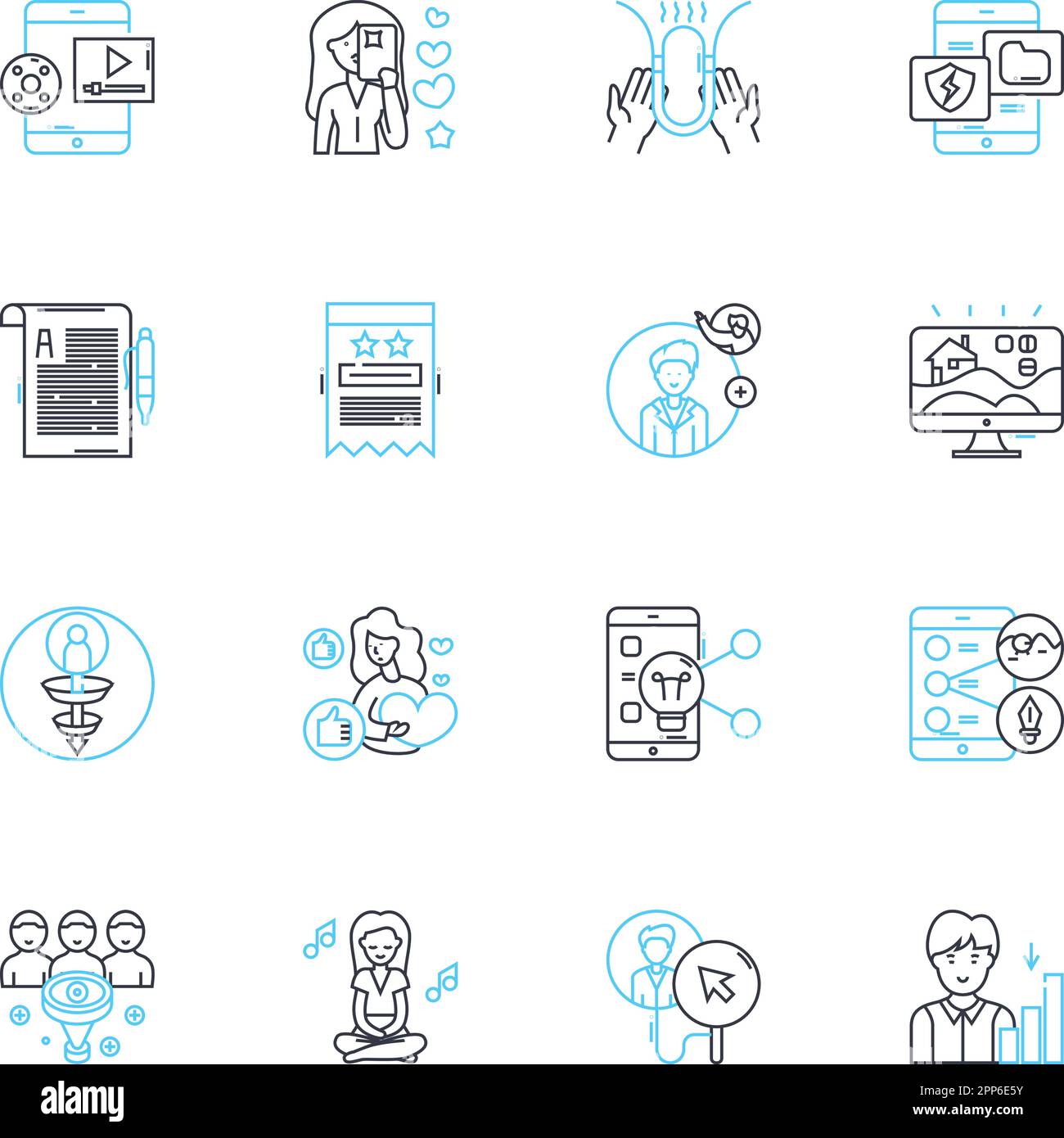 Content experience linear icons set. Engagement, Storytelling, Personalization, Navigation, Design, Interactivity, Immersive line vector and concept Stock Vector
