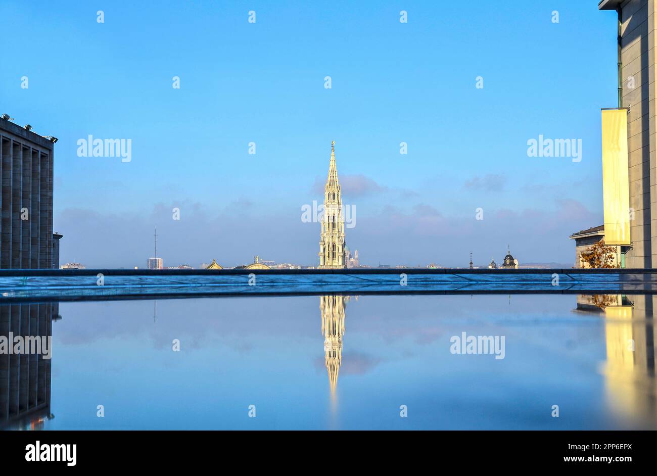 City hall tower, reflected in water Stock Photo