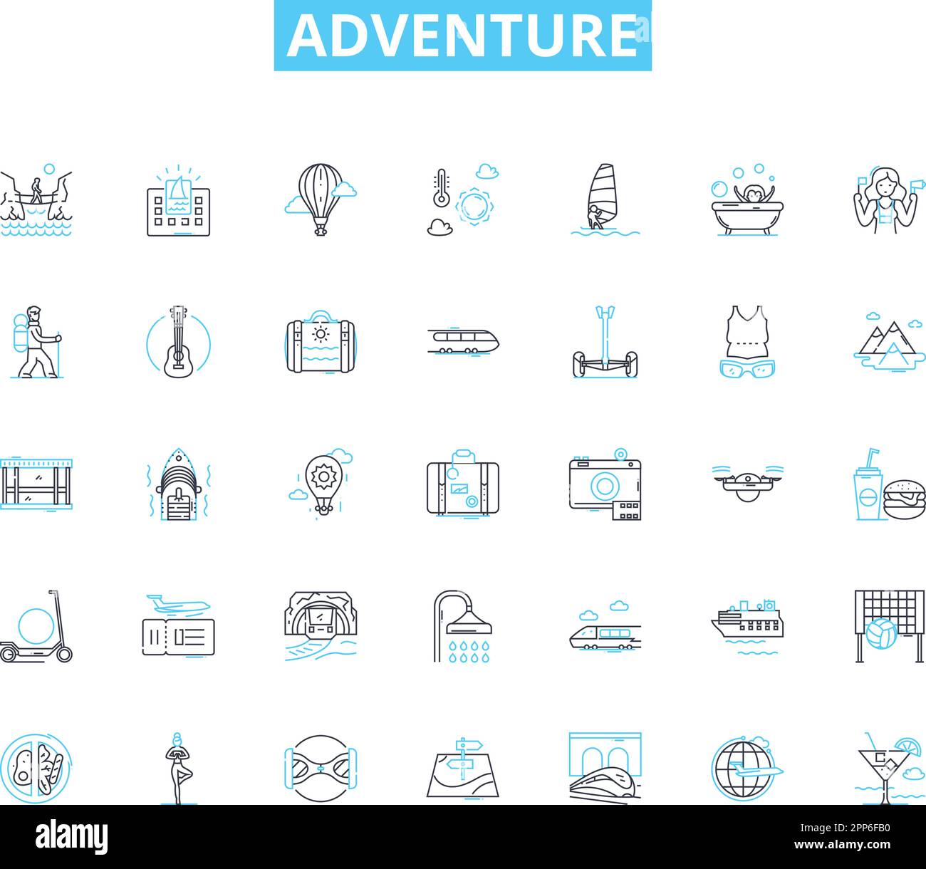 Adventure linear icons set. Exploration, Danger, Excitement, Thrill, Risk, Escape, Journey line vector and concept signs. Expedition,Quest,Odyssey Stock Vector