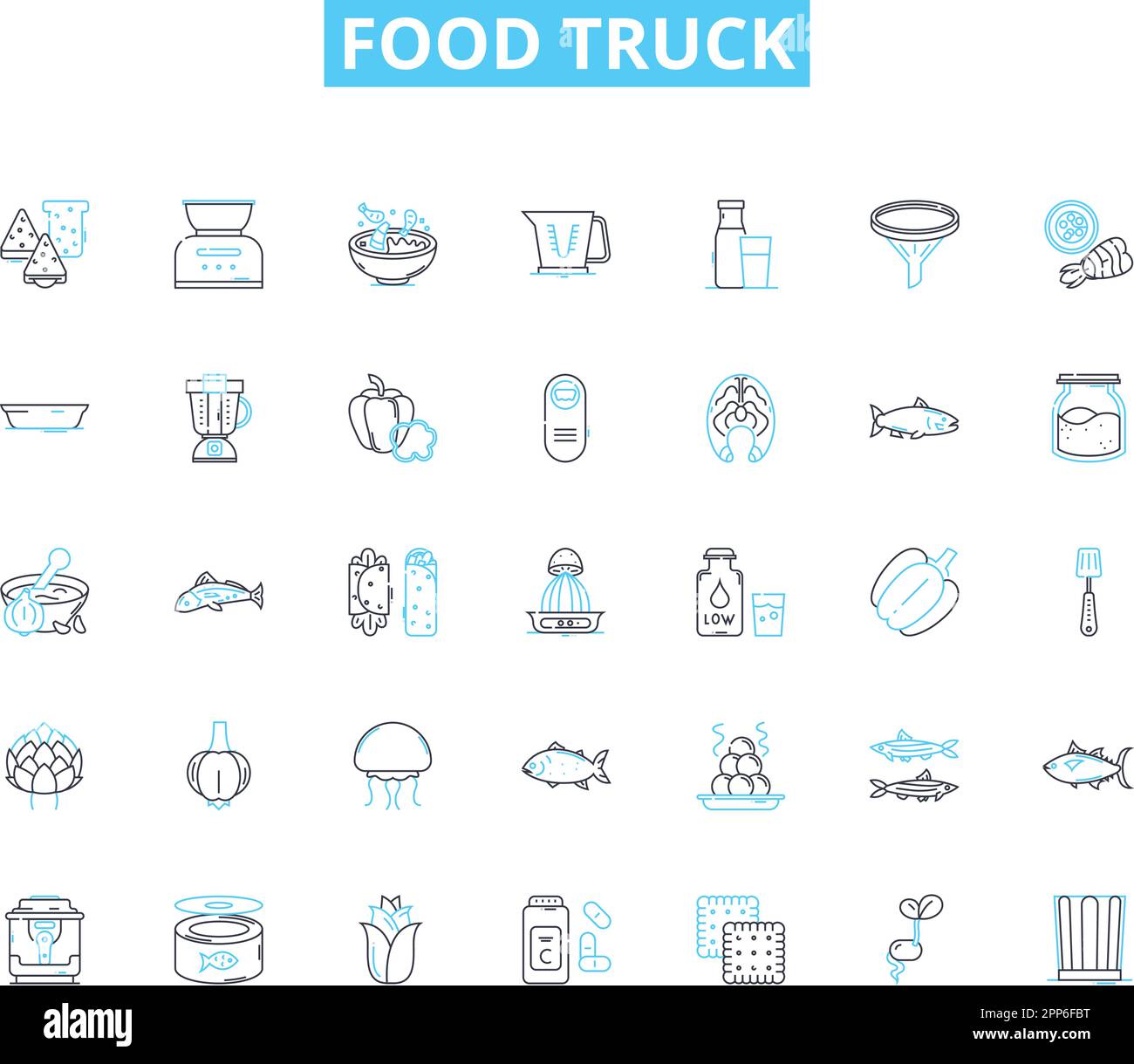 Food truck linear icons set. Tacos, Burgers, Nachos, Sandwiches, Hot dogs, Pizza, Quesadillas line vector and concept signs. Gyros,Curry,Fried rice Stock Vector