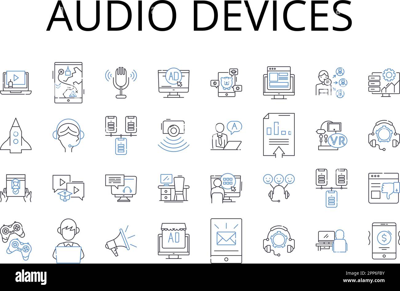 Audio devices line icons collection. Text messages, Video games, Musical instruments, Security systems, Image editing, Social media, Mobile devices Stock Vector