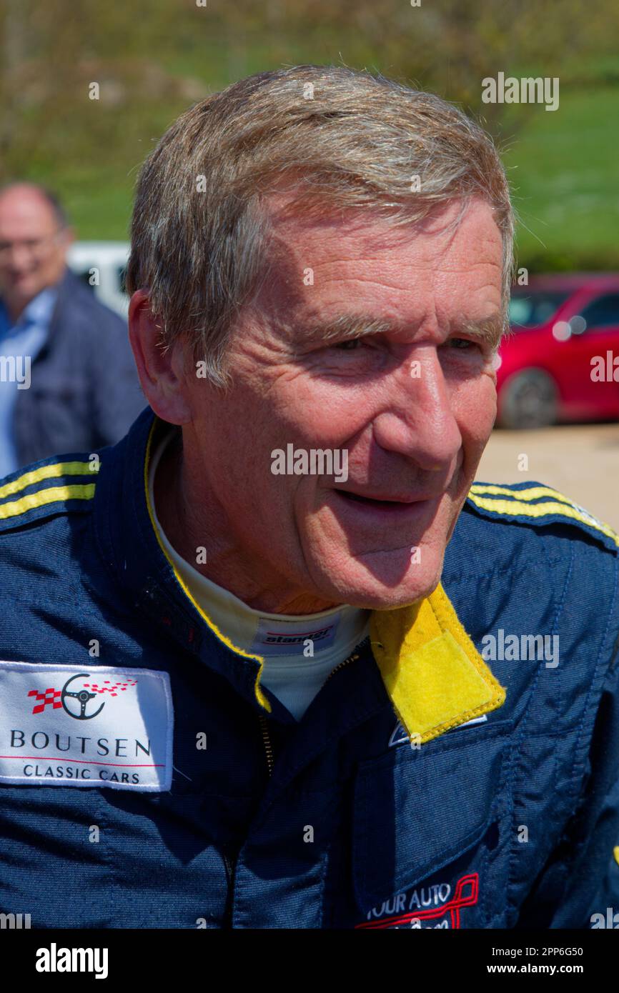 BERZE, FRANCE, April 19, 2023 : Former Formula One Belgian driver Thierry Bouten participates to the Tour Auto, the continuation of an event created i Stock Photo