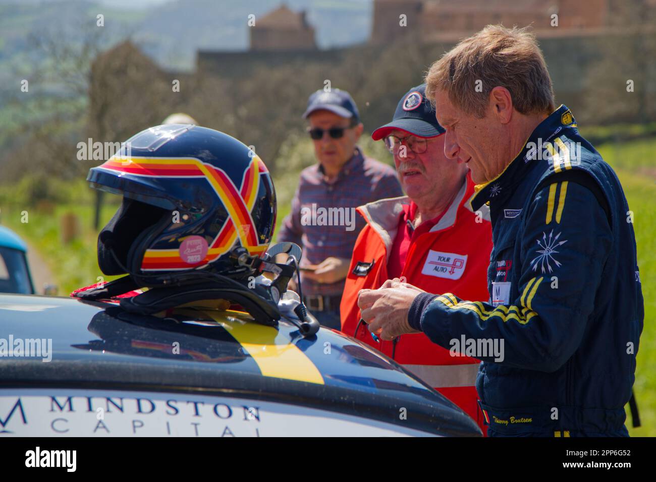 BERZE, FRANCE, April 19, 2023 : Former Formula One Belgian driver Thierry Bouten participates to the Tour Auto, the continuation of an event created i Stock Photo