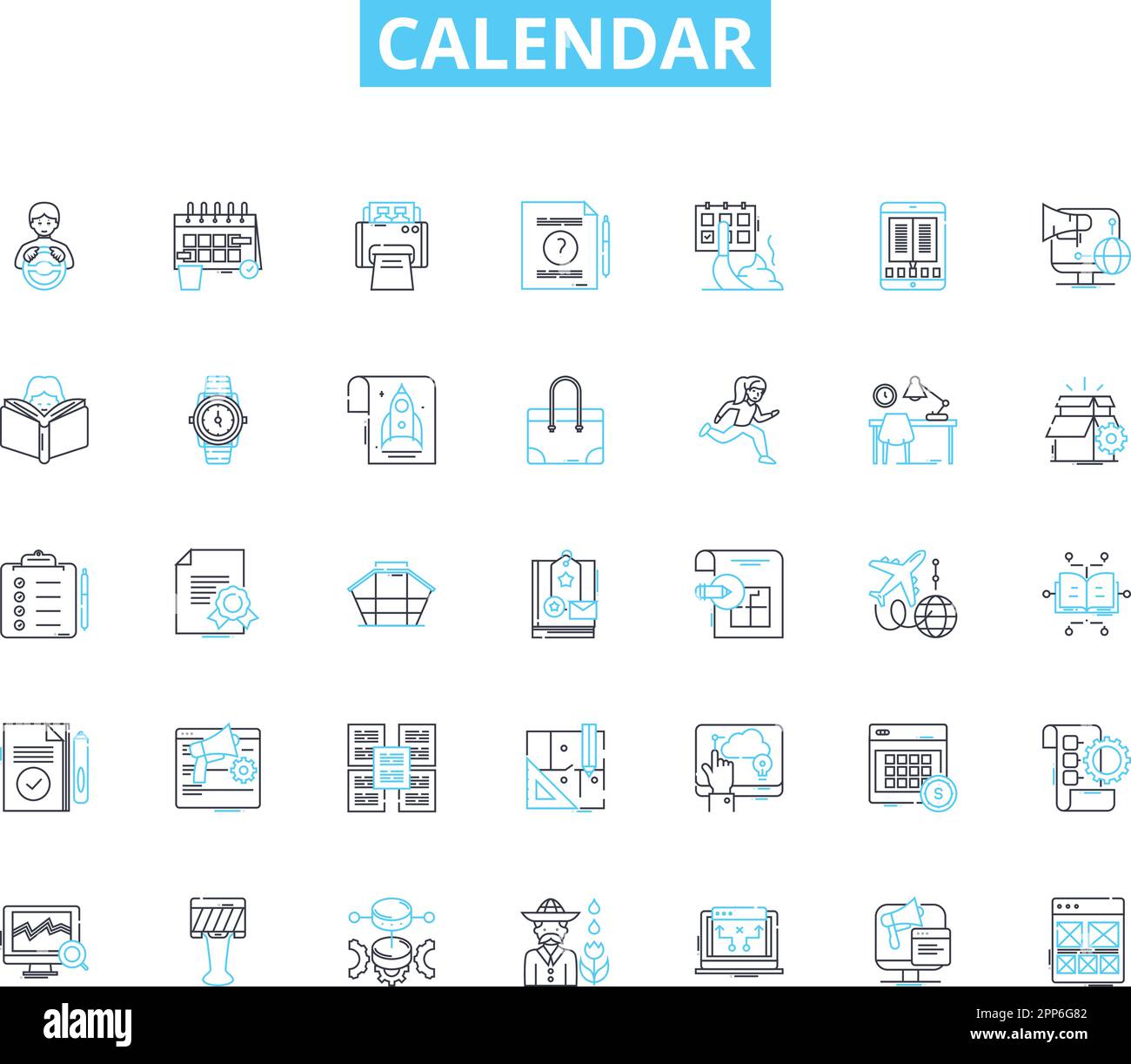 Calendar linear icons set. Scheduling, Organization, Reminders, Appointments, Planning, Time, Events line vector and concept signs. Dates,Schedule Stock Vector