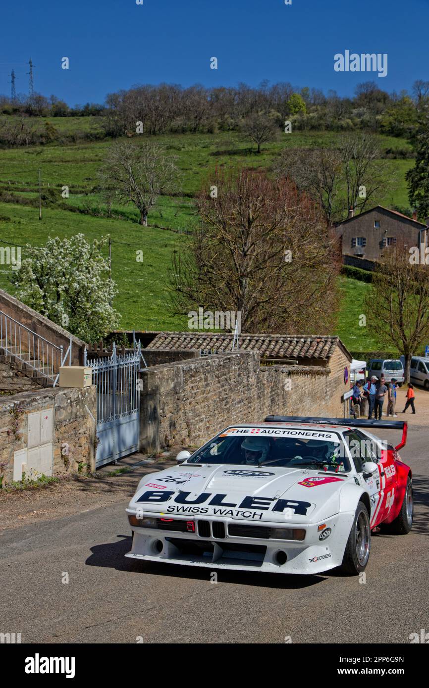 BERZE, FRANCE, April 19, 2023 : From April 17 to 22, 32nd Tour Auto runs old cars from Paris to the French Riviera. Tour Auto is the continuation of a Stock Photo