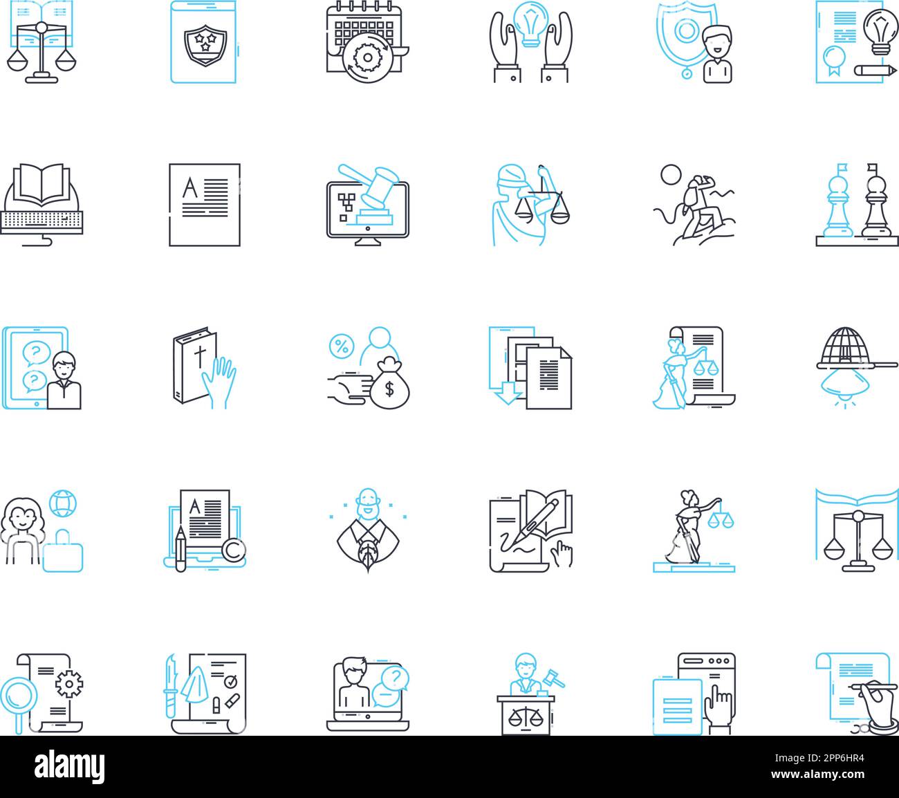 Court authority linear icons set. Jurisdiction, Judge, Judicial, Ruling, Order, Verdict, Bench line vector and concept signs. Trial,Hearing Stock Vector