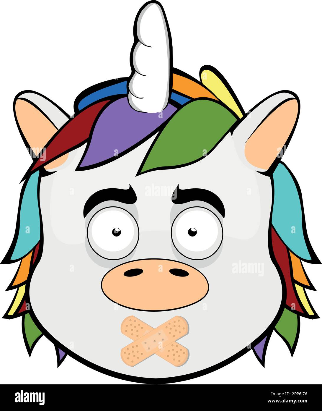 Vector illustration face unicorn cartoon with adhesive bands in the mouth Stock Vector