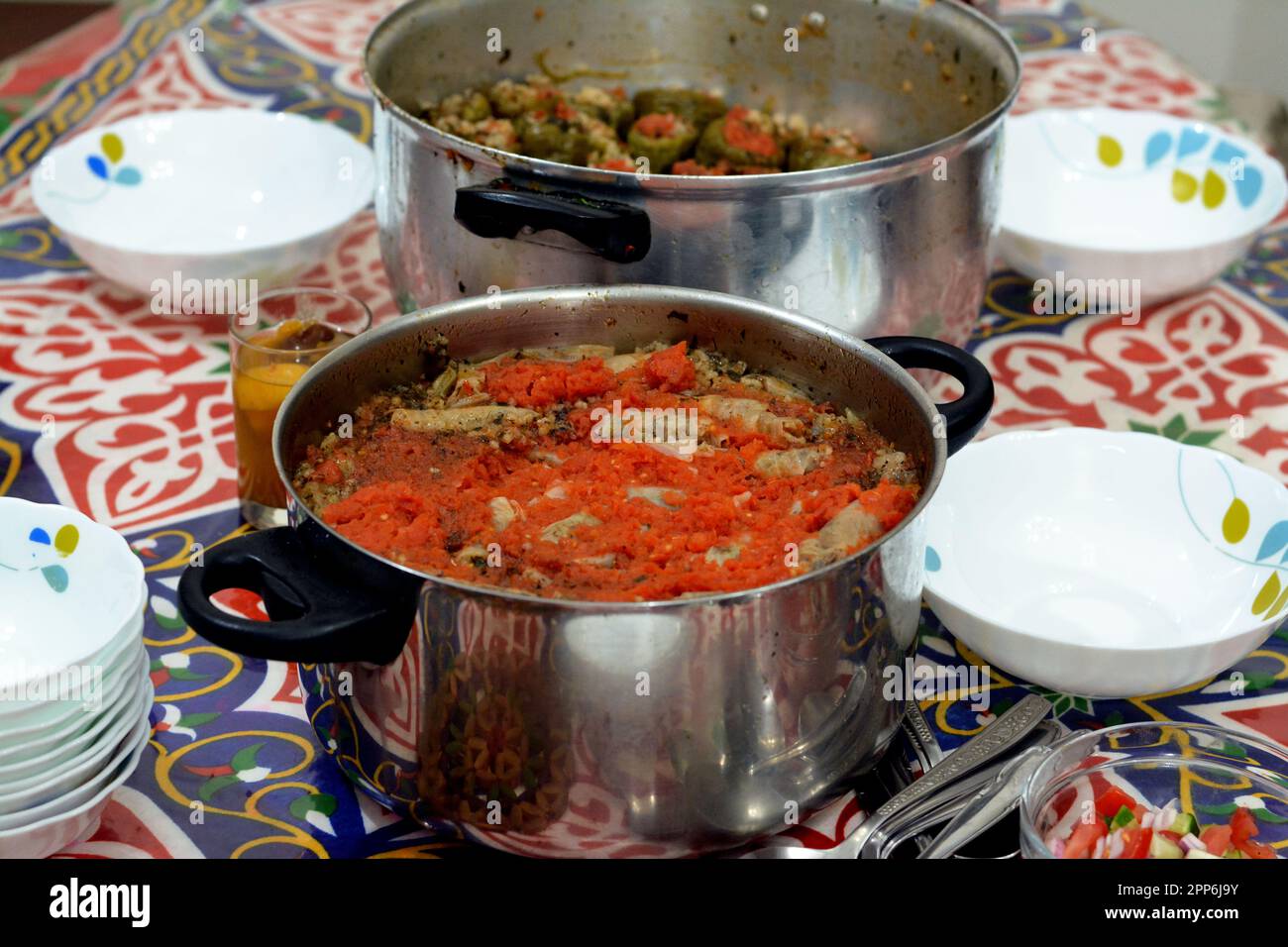 Ramadan month iftar table with different types of food, Arabic Egyptian