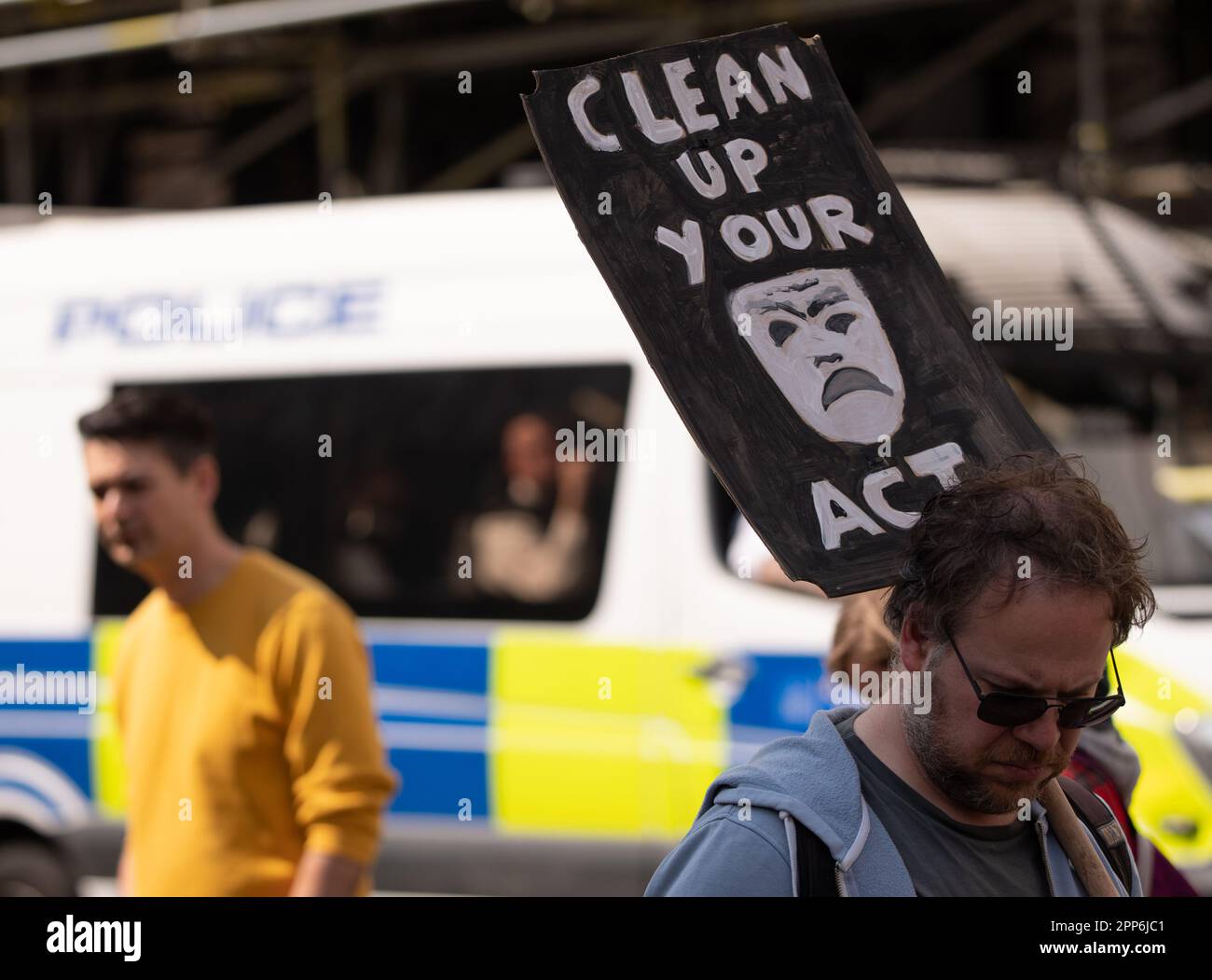 Clean up your act sign at Extinction Rebellion, The Big one, day 2 ,( saturday). Involved the 'Big One march for biodiversity'which ended with a 'die in'. Members of the 'Red Rebel Brigade 'and 'Green spirits' attended, London United KIngdom Picture garyroberts/worldwidefeatures.com Stock Photo