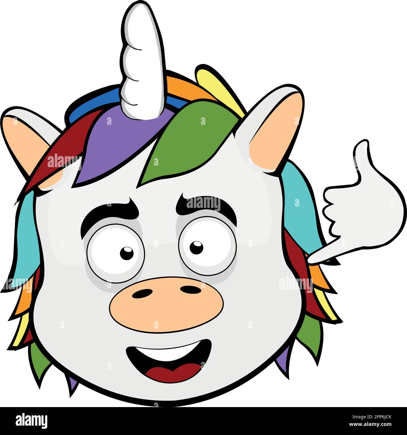 vector illustration face unicorn cartoon happy, making a call me by phone or shake gesture with his hand Stock Vector