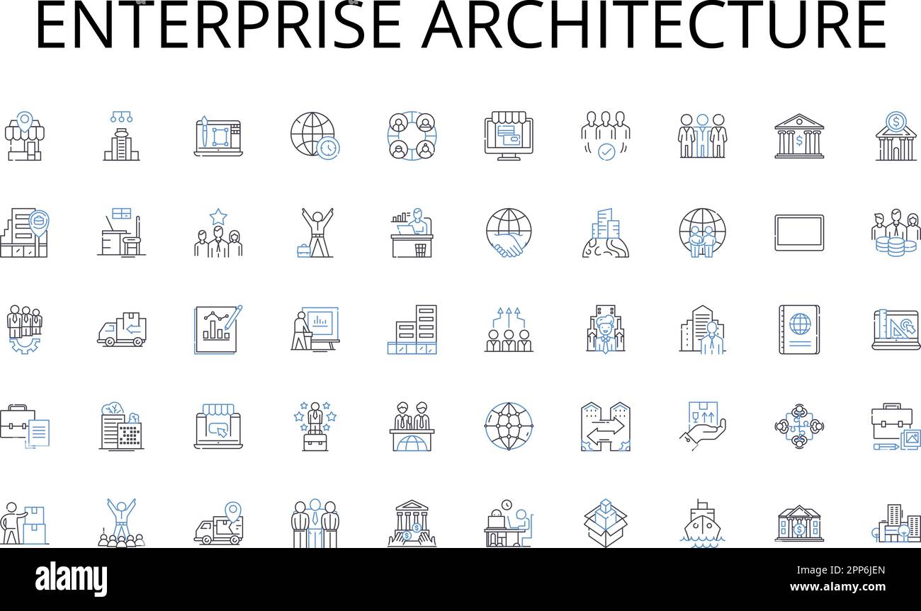 Enterprise architecture line icons collection. Majestic, Scenic, Peaks, Serenity, Summit, Wilderness, Adventure vector and linear illustration. Summit Stock Vector