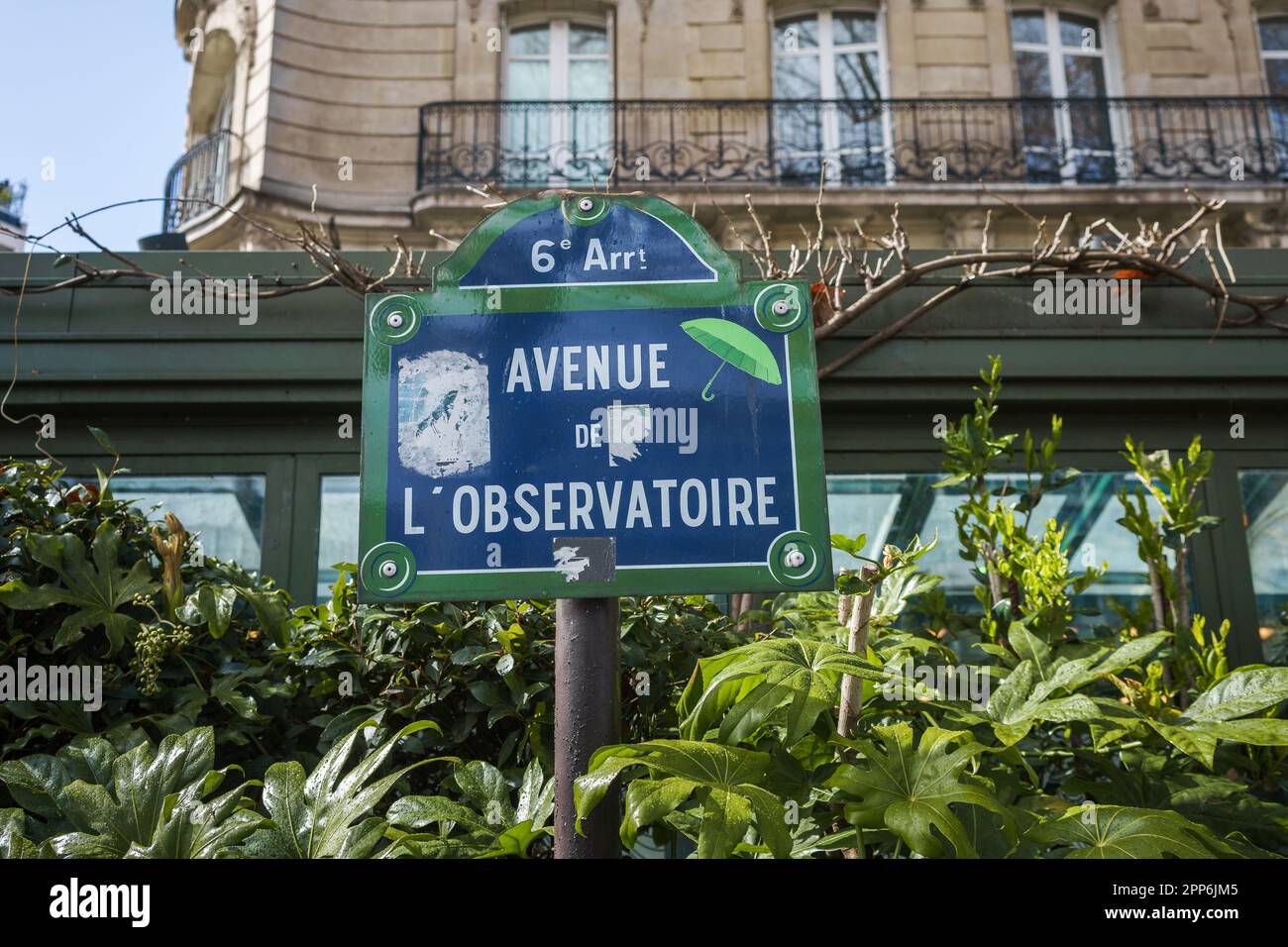 Avenue de L'Observatoire street sign among the green leaves in Paris, France. Stock Photo