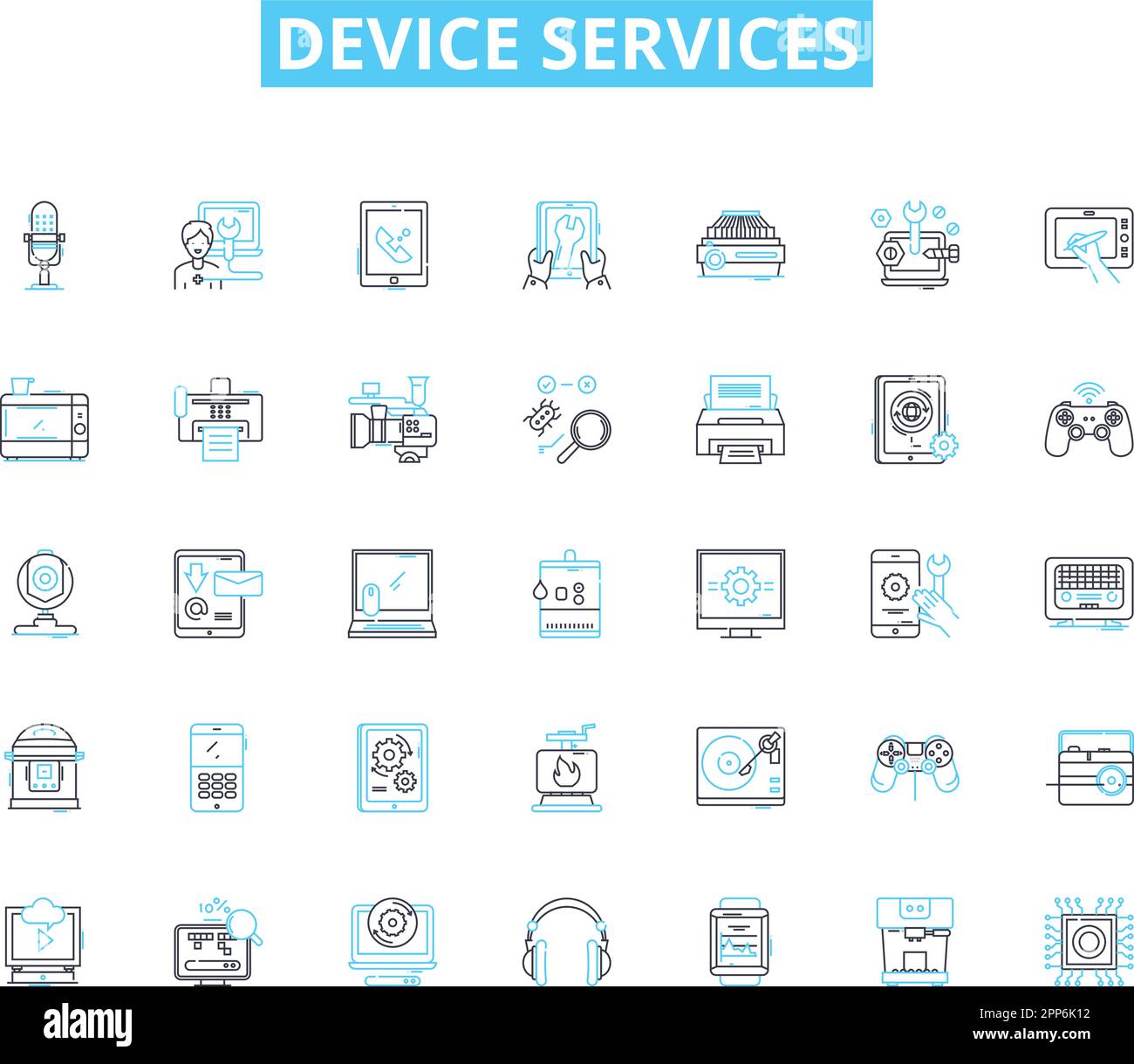 Device services linear icons set. Repairs, Maintenance, Upgrades, Optimization, Diagnostics, Troubleshooting, Configuration line vector and concept Stock Vector