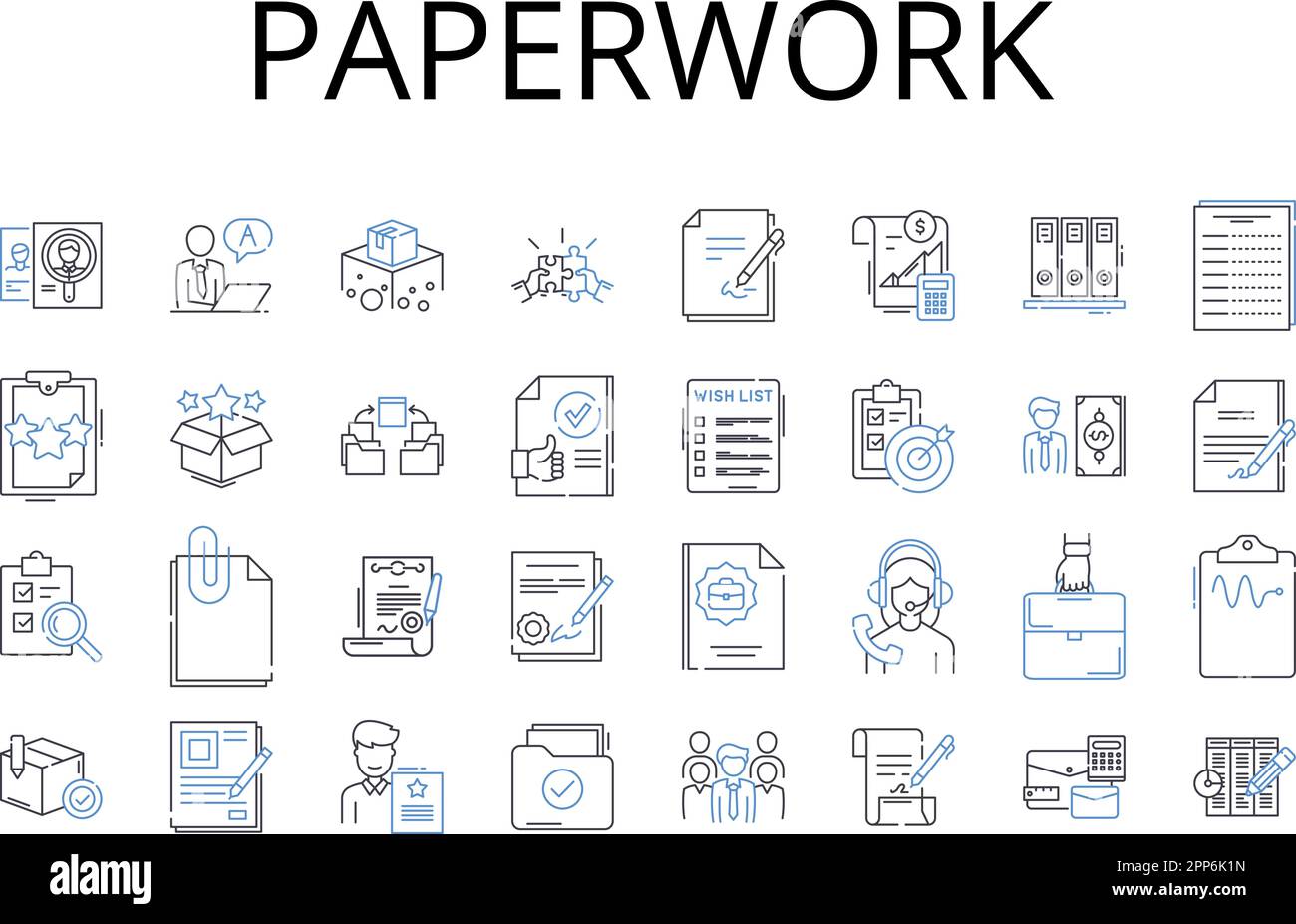 Paperwork outline icons collection. Documentation, Red tape, Records