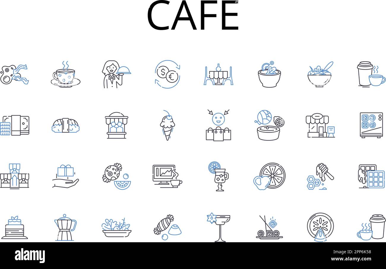 Cafe line icons collection. Bistro, Restaurant, Diner, Eatery, Brasserie, Deli, Snack bar vector and linear illustration. Tea room,Coffeehouse,Canteen Stock Vector