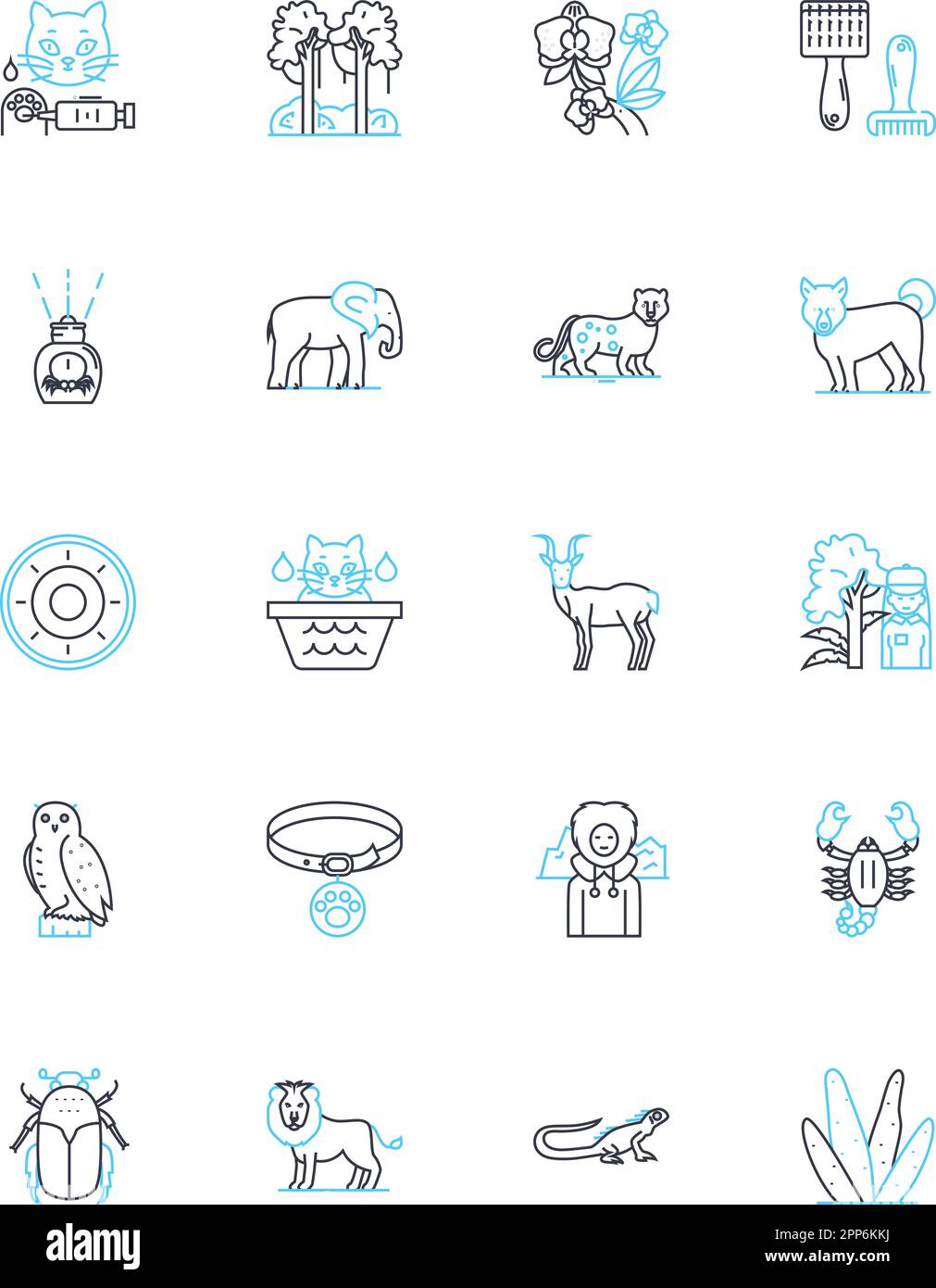 Lovely fauna linear icons set. Delightful, Graceful, Enchanting, Serene, Majestic, Winsome, Wondrous line vector and concept signs. Adorable Stock Vector